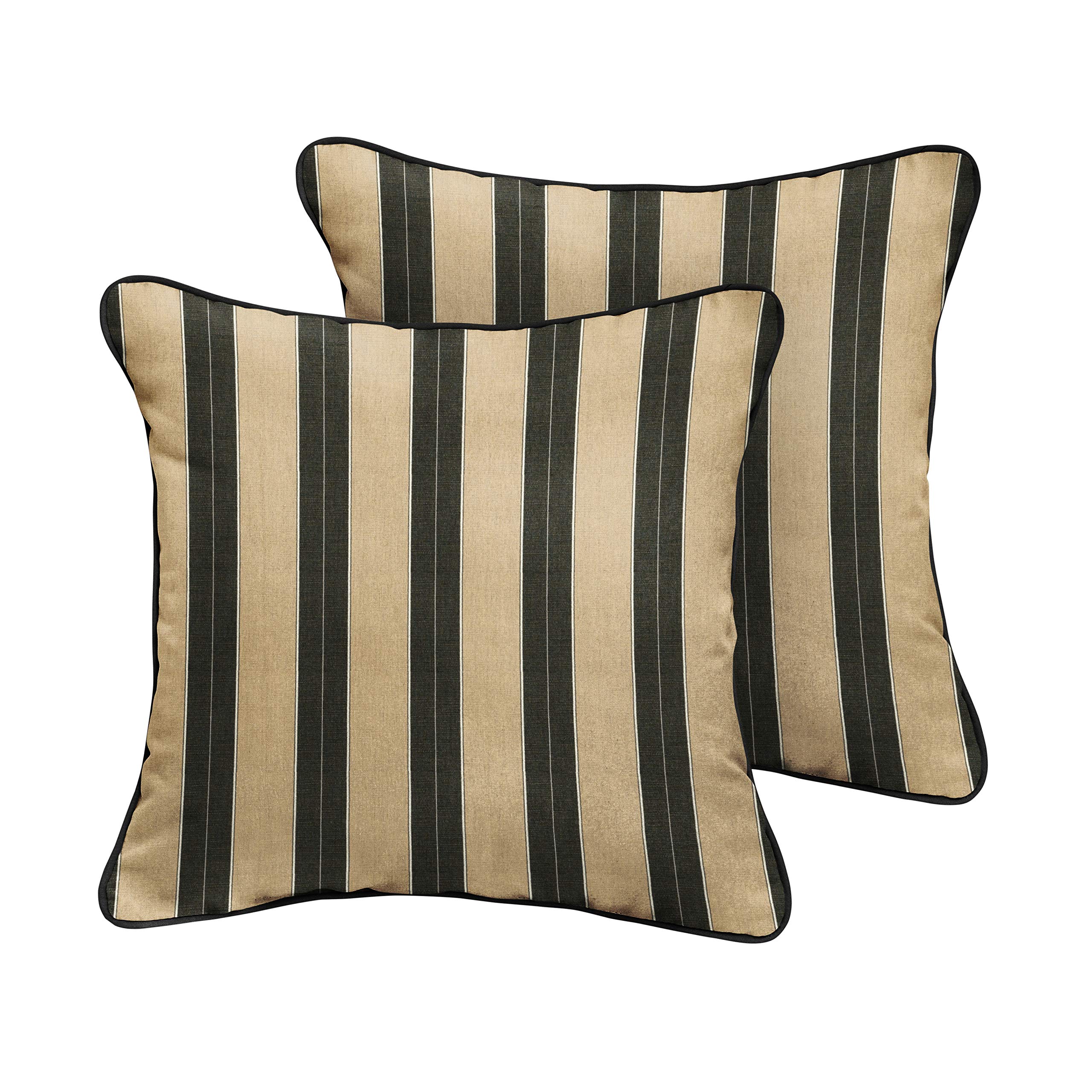 Sorra Home x Sunbrella Square Pillows Set of 2 - Tan & Black Stripes Outdoor Cushions for Patio, Sofa & Lounge Chair Decor