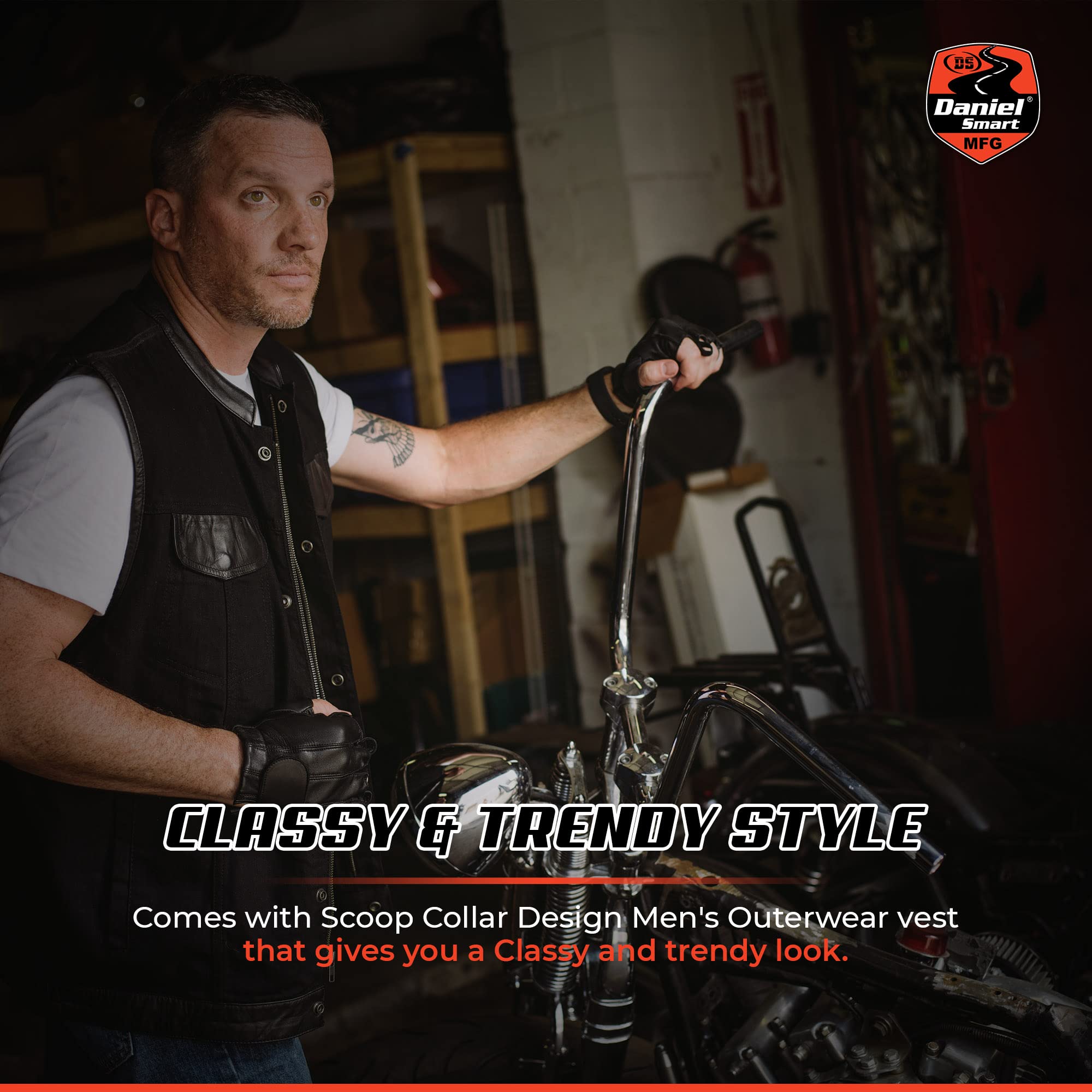 Daniel Smart Men's Black Denim Vest with Leather Detailing - Motorcycle Vest with Concealment Armory Pocket for Bikers & Outdoor Enthusiasts | Stylish & Functional Riding Gear for Harley, Cruiser & Adventure Motorcycles