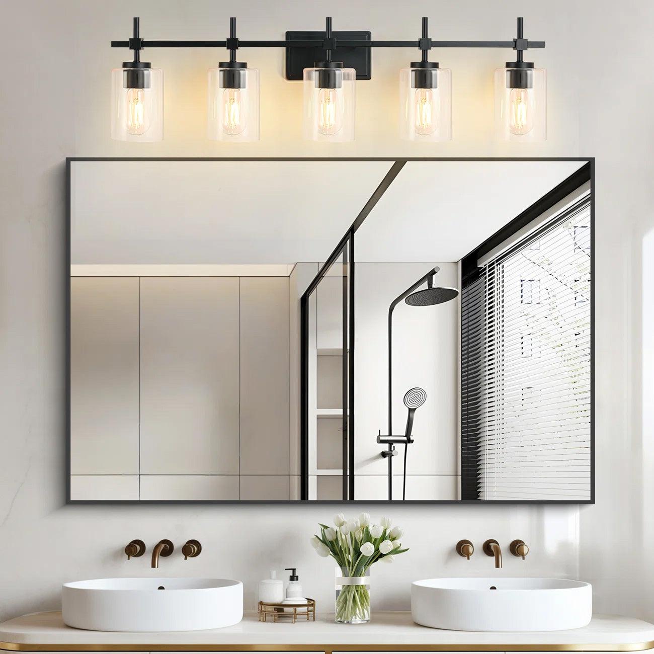 Jasper Modern 5-Light Bathroom Vanity Light Fixture - Brushed Nickel & Black with Clear Glass Shades - Perfect for Bathroom, Powder Room, and Dressing Room Lighting