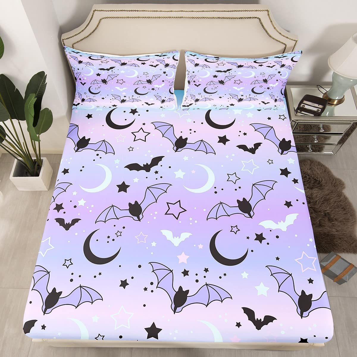 Halloween Comforter Cover Set - Rainbow Bat Moon Star Print Twin Size Bedding for Kids & Boys - Purple Gradient Style 2-Piece Sheet Set for Halloween Decor & Room Theme