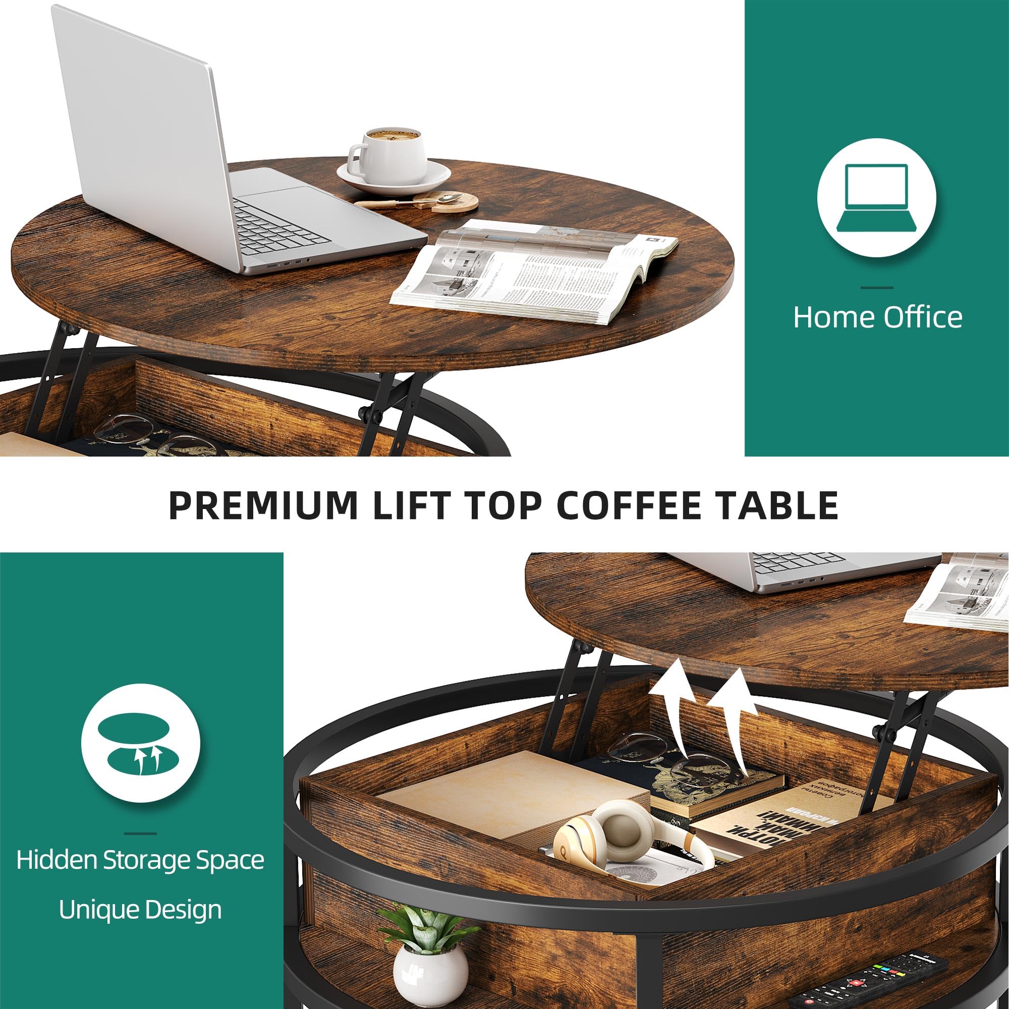YITAHOME Round Lift Top Coffee Table with Hidden Storage Compartment - Modern Wood Center Table for Living Room, Home Office - Rustic Brown | Perfect for Small Spaces, TV Lounging & Entertaining Guests