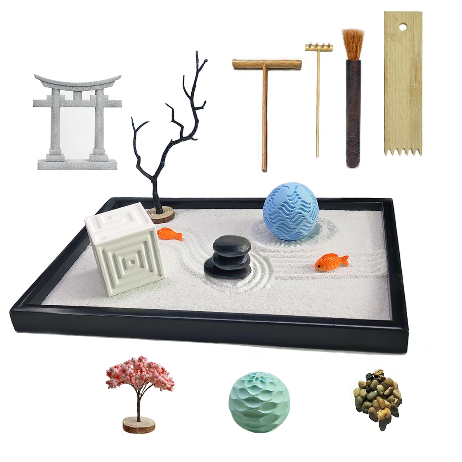 Japanese Zen Garden Kit with 3 Zen Sand Spheres - Miniature Sandbox for Meditation, Stress Relief & Office Desk Decor - Perfect for Home, Office & Yoga Studio Relaxation