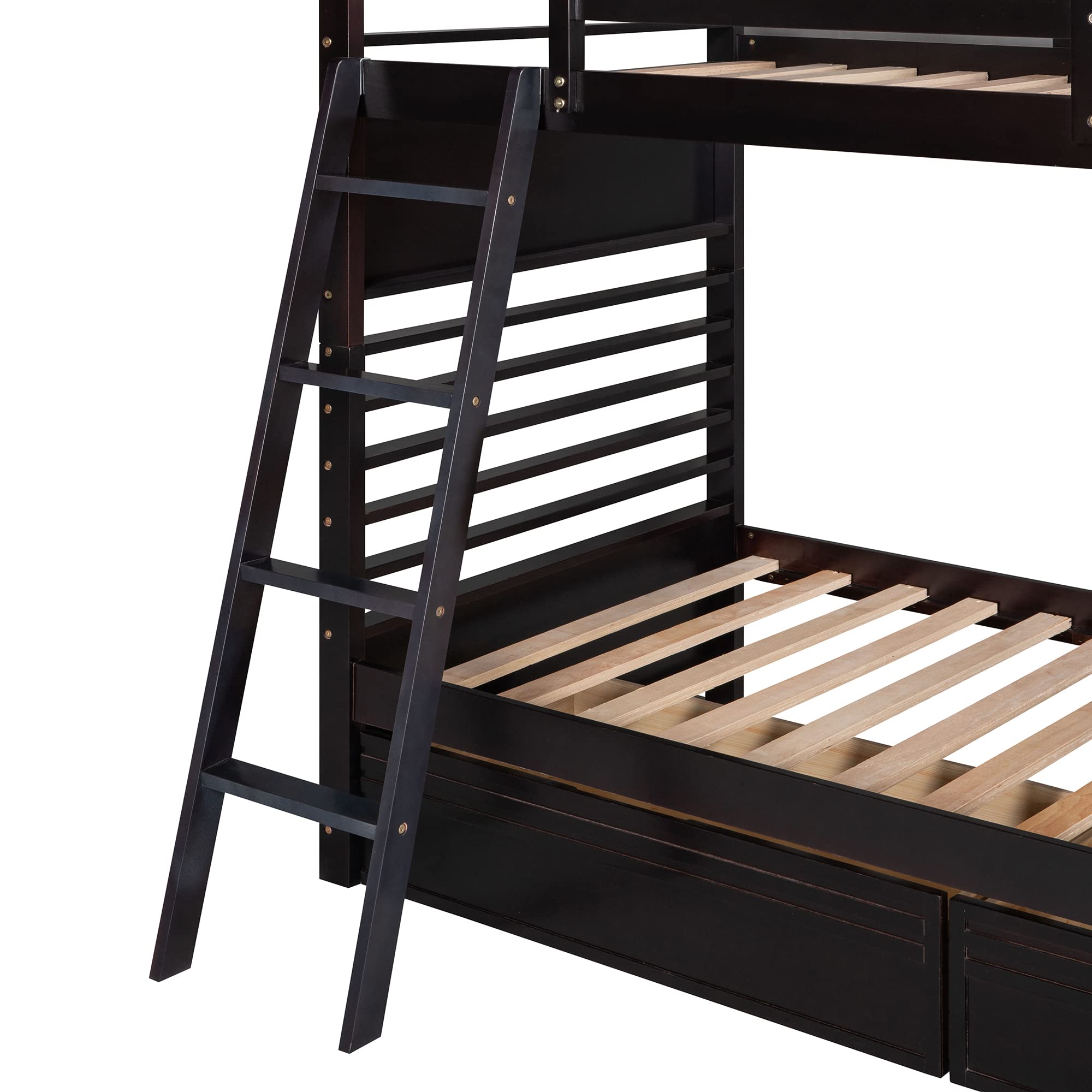 P PURLOVE Twin Over Twin Wood Bunk Bed Frame with 2 Storage Drawers & Removable Ladder - Converts to 2 Single Beds - No Box Spring Needed - Espresso Finish - Perfect for Kids, Teens & Small Bedrooms