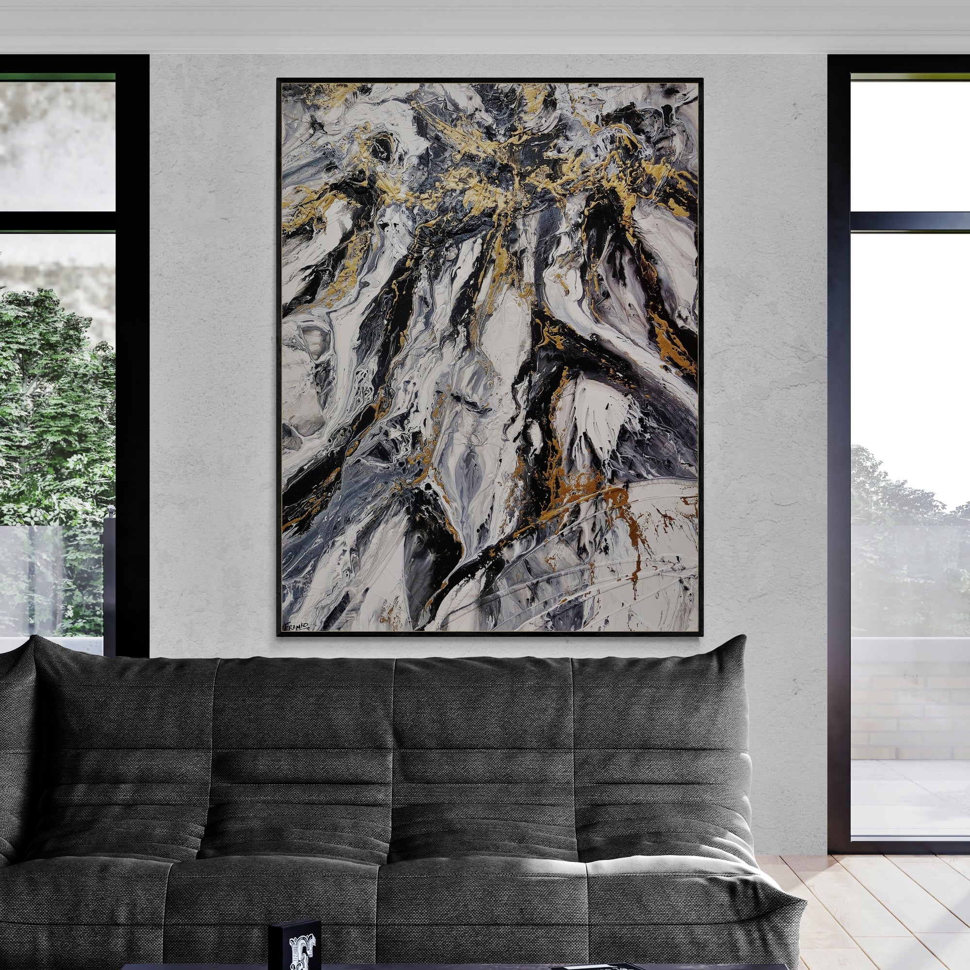 140cm x 180cm Black Gold White Textured Abstract Canvas Painting - Modern Wall Art for Living Room, Bedroom & Office Decor