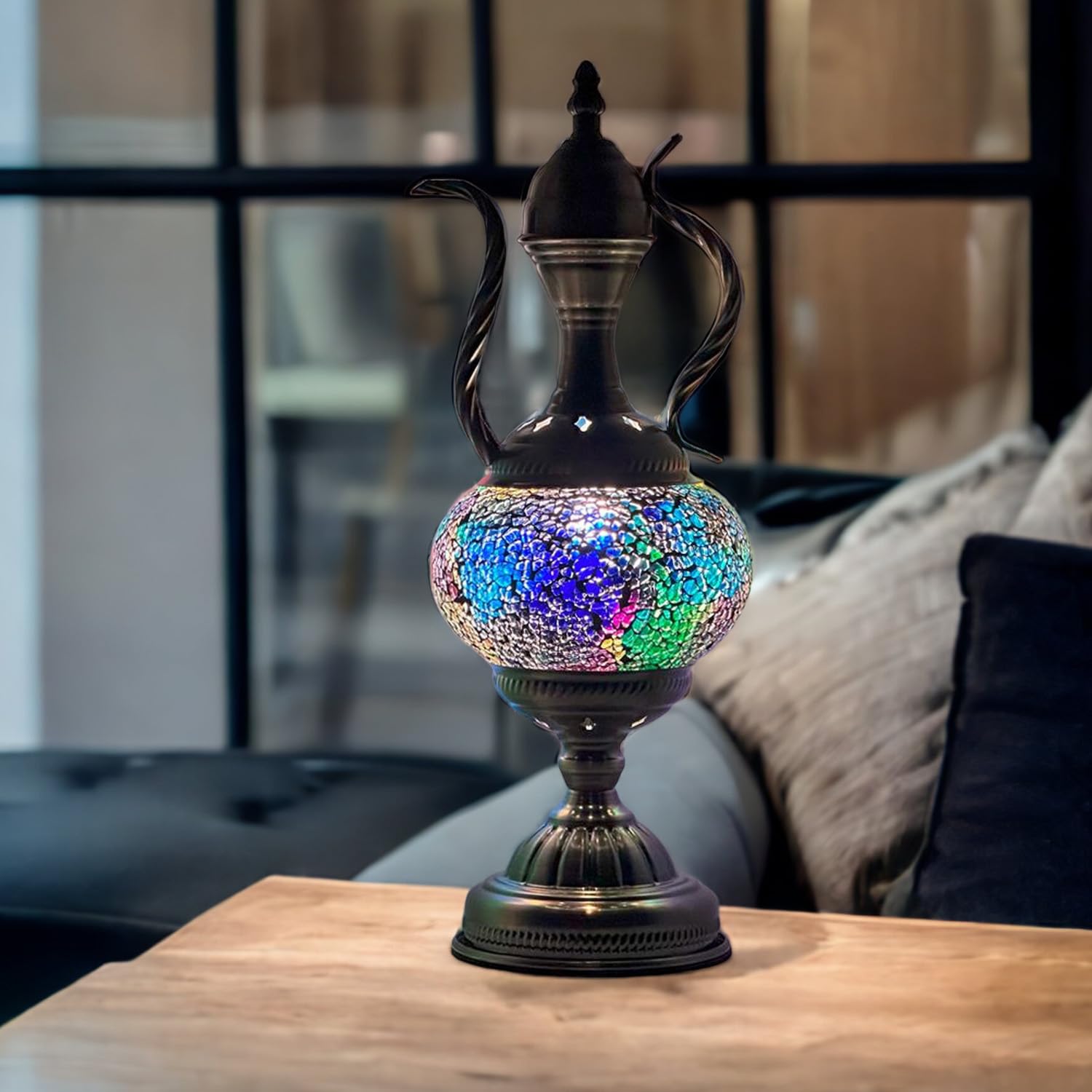 Handcrafted Mosaic Turkish Teapot Lamp with Moroccan Glass & Bronze Base - E12 Bulb Included - Perfect for Home Decor, Living Room, Bedside Table & Office Desk Lighting (Spring Bright Collection)