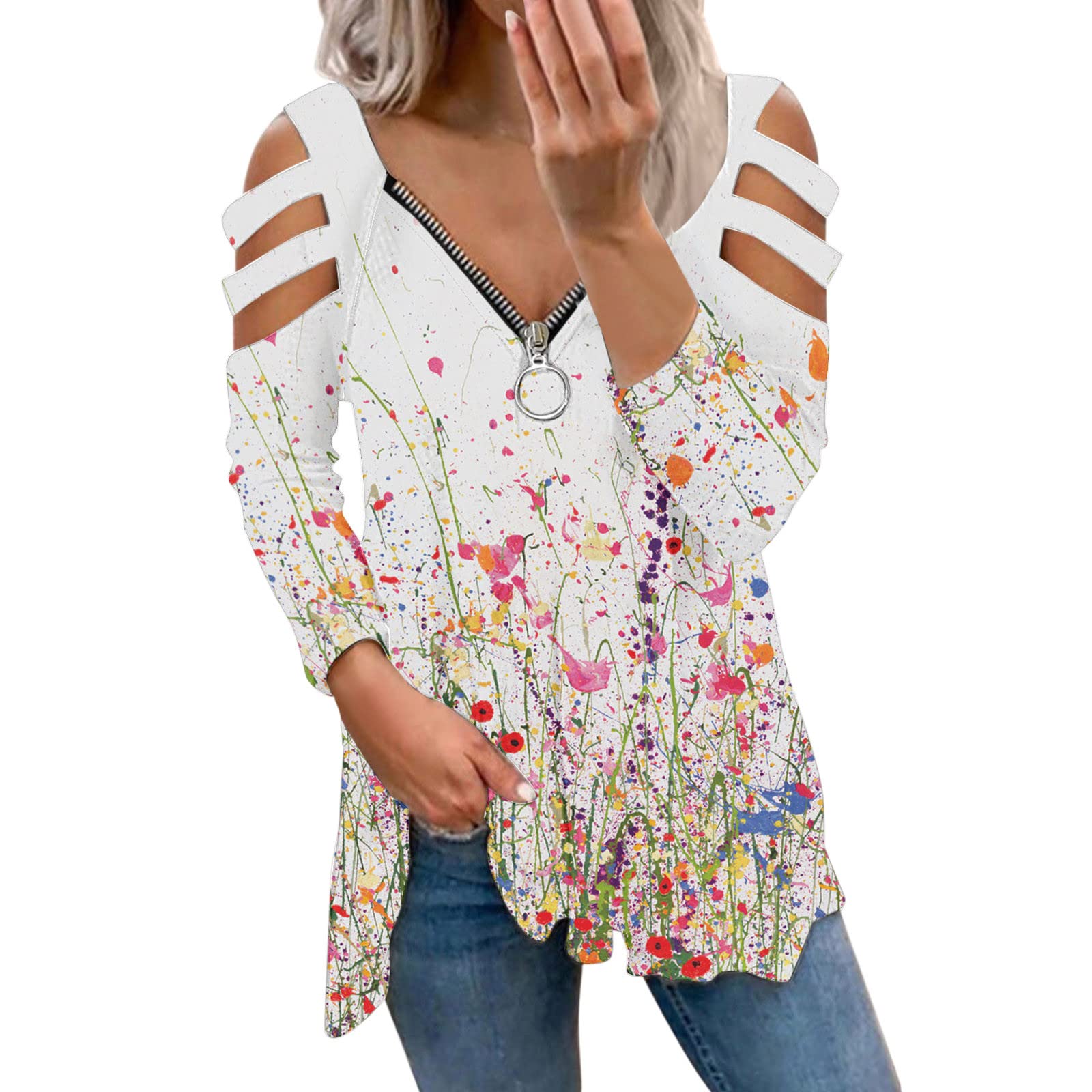 Women's Cold Shoulder Tops with V-Neck & Zipper - Long Sleeve Floral Tie-Dye Loose Fit Tunic Shirts for Fall | Casual Wear, Date Night & Office Outfits