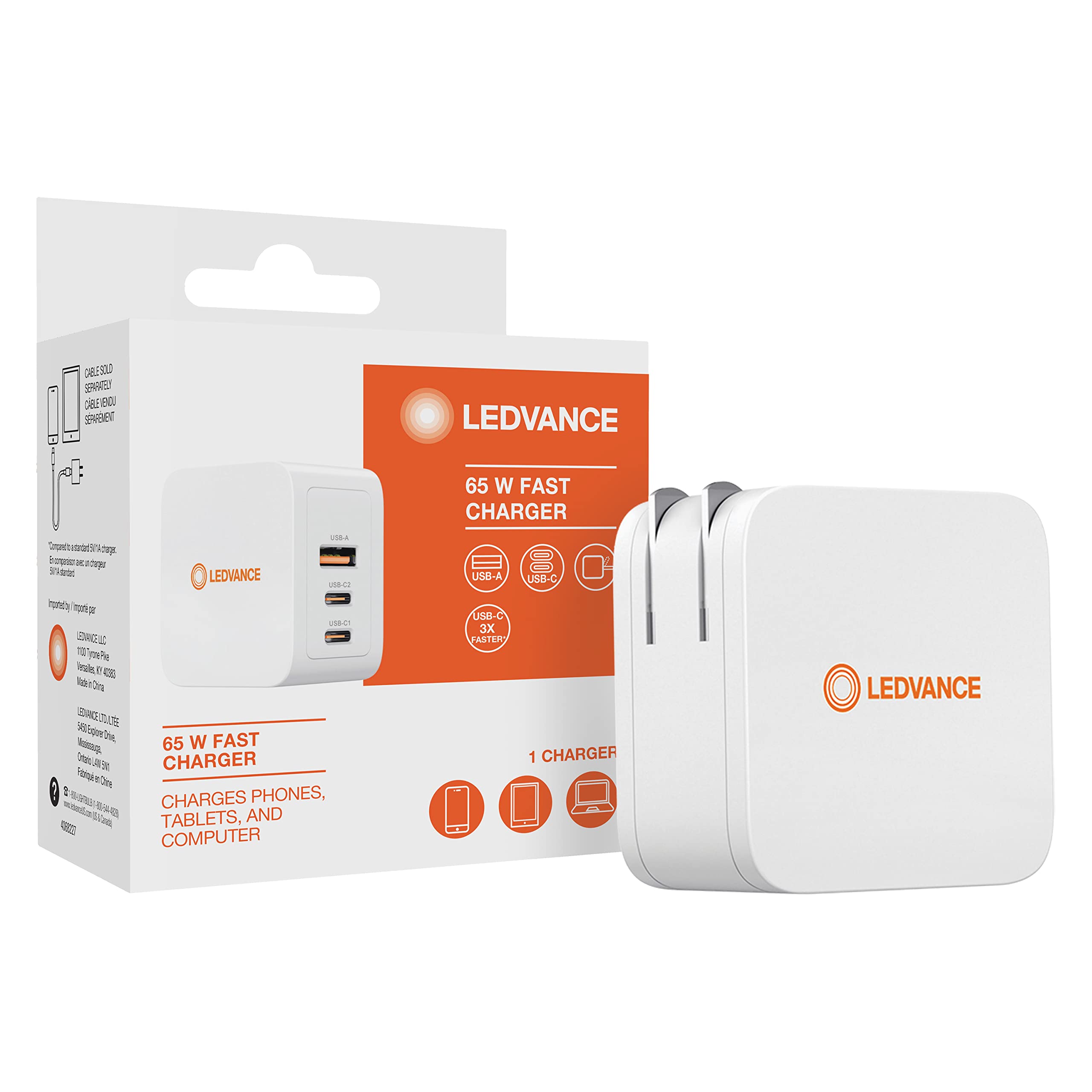 Sylvania 65W Smart Fast Charger with USB A & USB C Ports - Compact 3 Device Charger for Laptop, Tablet & Phone - Compatible with Apple iPhone, Huawei & Samsung Galaxy - White (1 Pack) - Perfect for Travel, Office & Home Charging Needs
