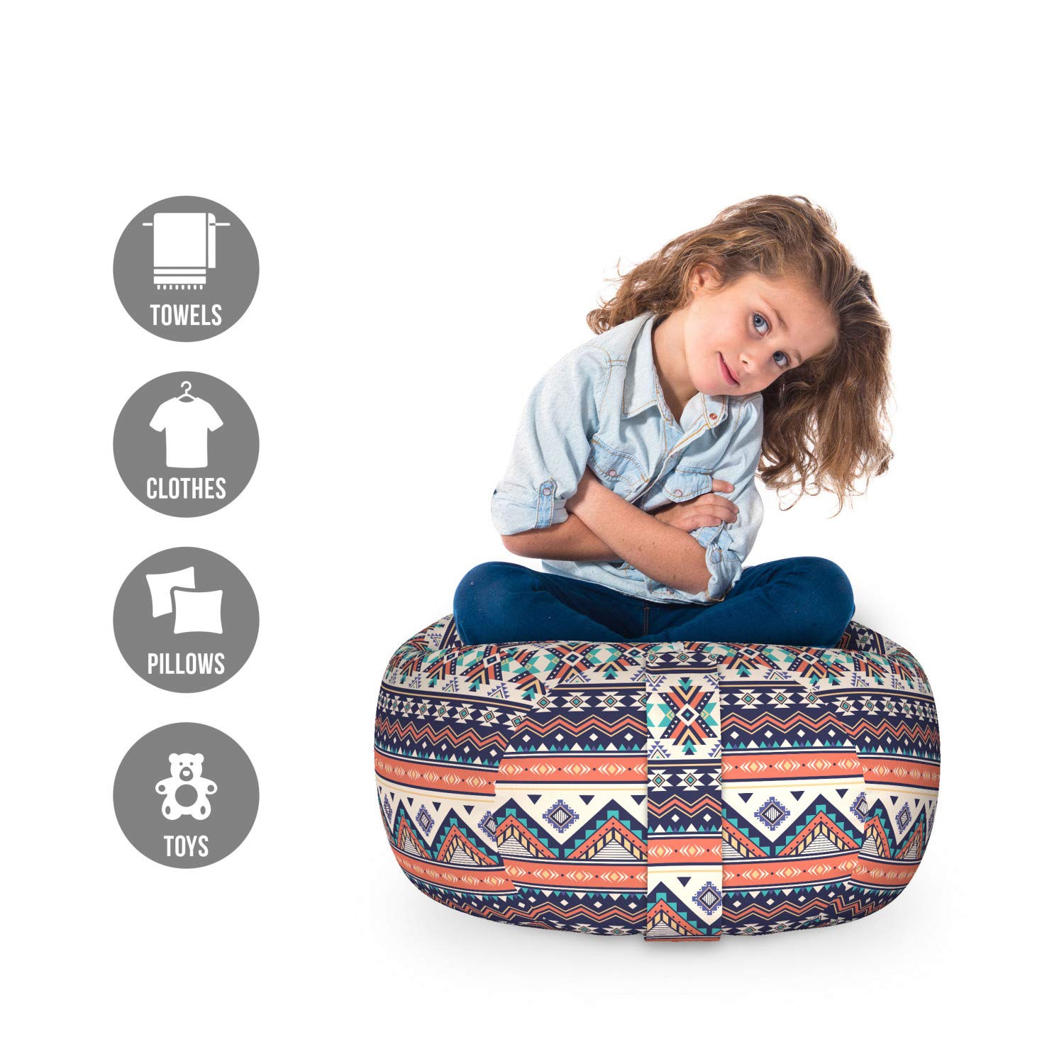 Ambesonne Aztec Storage Toy Bag Chair - Cultural Zigzag Design, Washable Stuffed Animal Organizer, Small Size (Salmon/Night Blue/Tan) - Perfect for Kids' Room, Playroom & Nursery Organization
