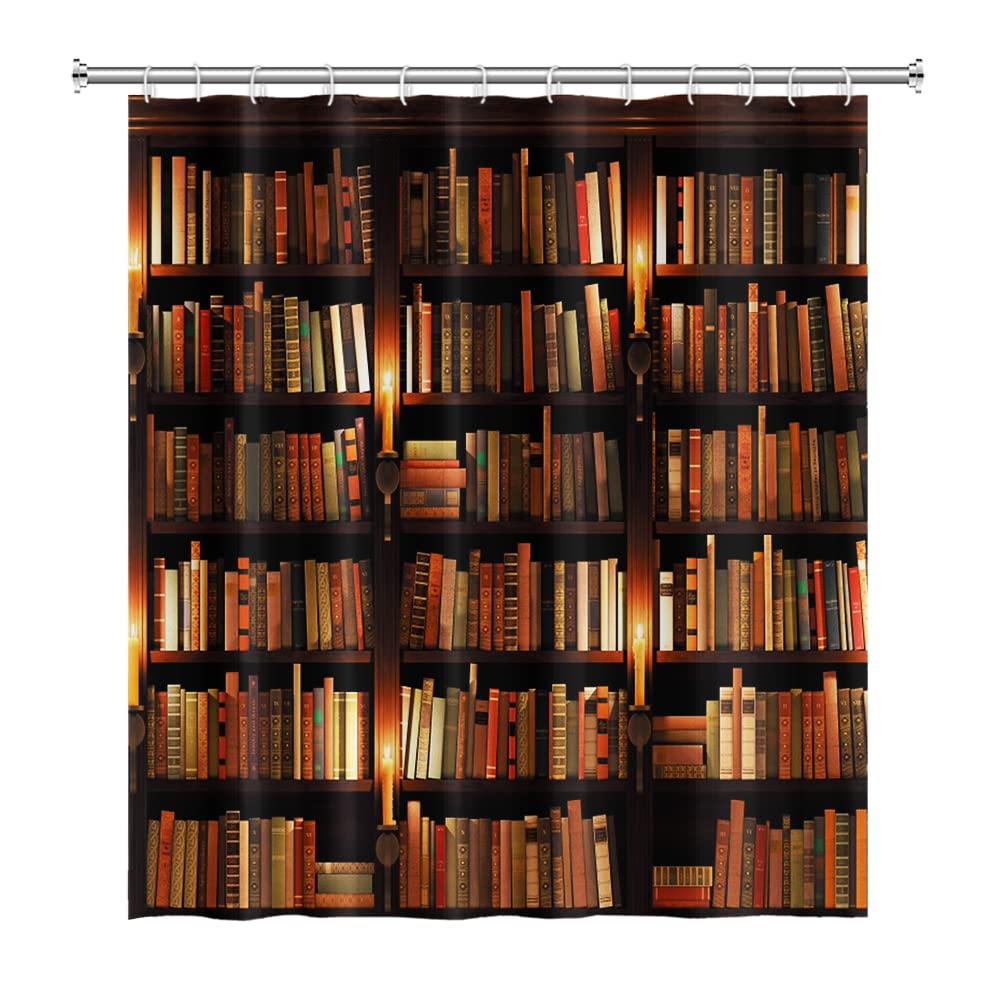 Vintage Bookshelf Shower Curtain - Waterproof Fabric Bath Decor with Hooks, 36x72 Inches Machine Washable - Perfect for Kids Bathroom, Library Theme Decor & Book Lover Gifts