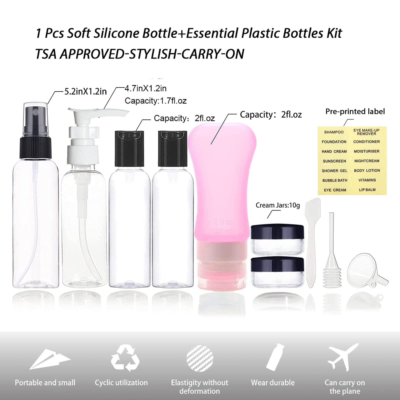 TSA Approved Empty Travel Bottles Set for Toiletries - Leak Proof Travel Size Containers for Shampoo, Conditioner & Lotion (Pink) | Perfect Carry-On Kit for Women & Men - Ideal for Airplane, Gym & Vacation Use