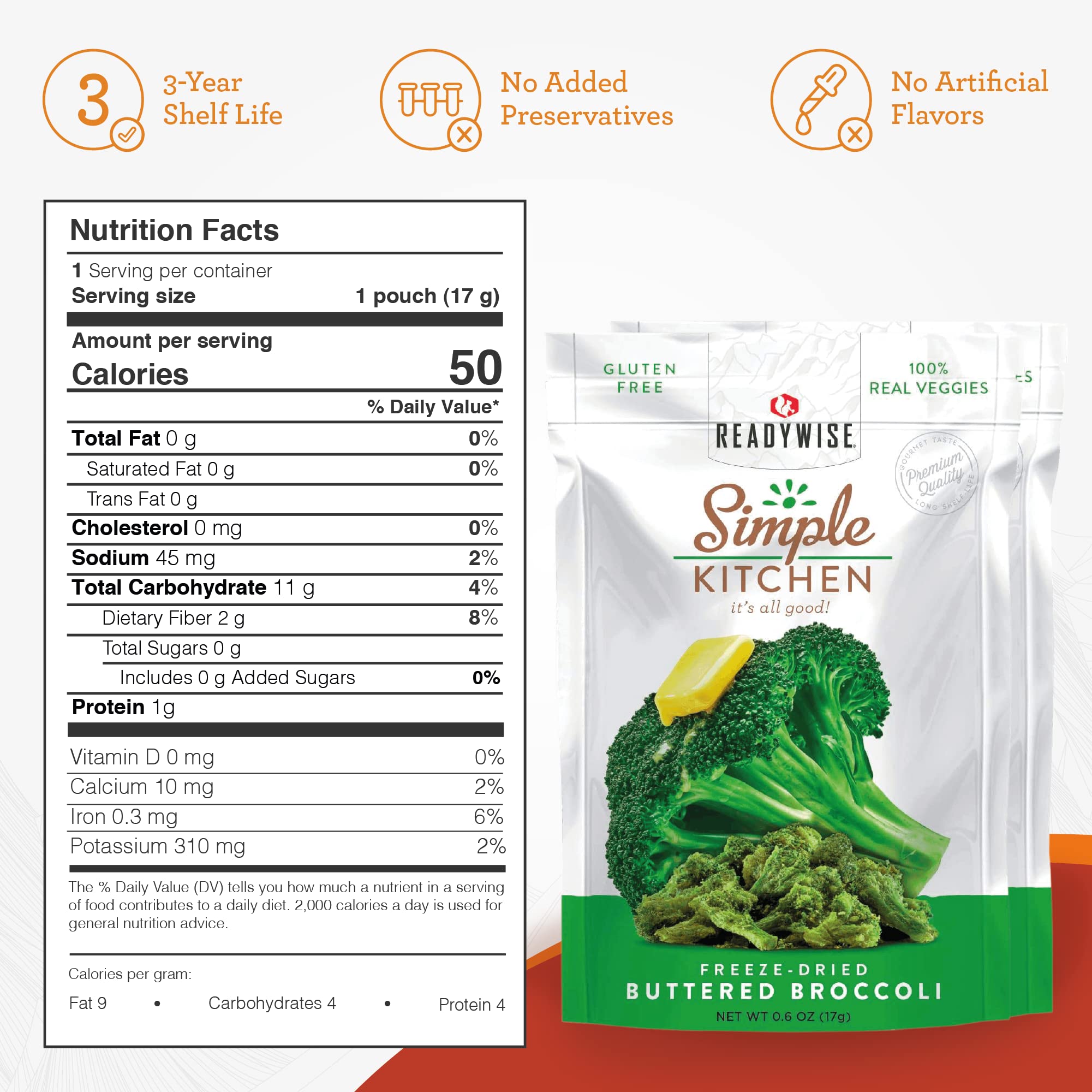 Simple Kitchen FD Buttered Broccoli Single Pouch (6-Pack) | Freeze-Dried Vegetable Snacks for Camping, Hiking & Emergency Food Storage