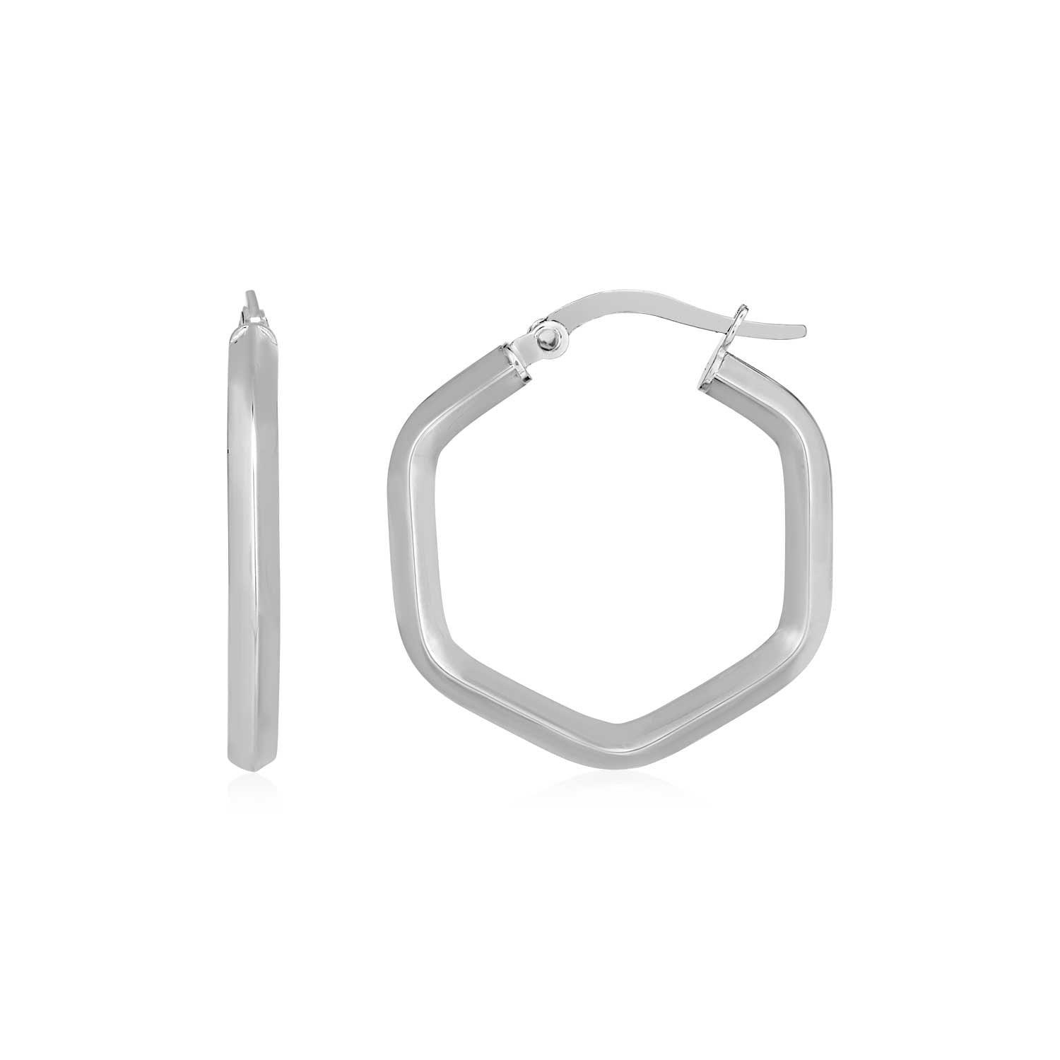 14K White Gold Hexagon Hoop Earrings for Women - Shiny Geometric Dangle Earrings for Party, Wedding & Everyday Wear