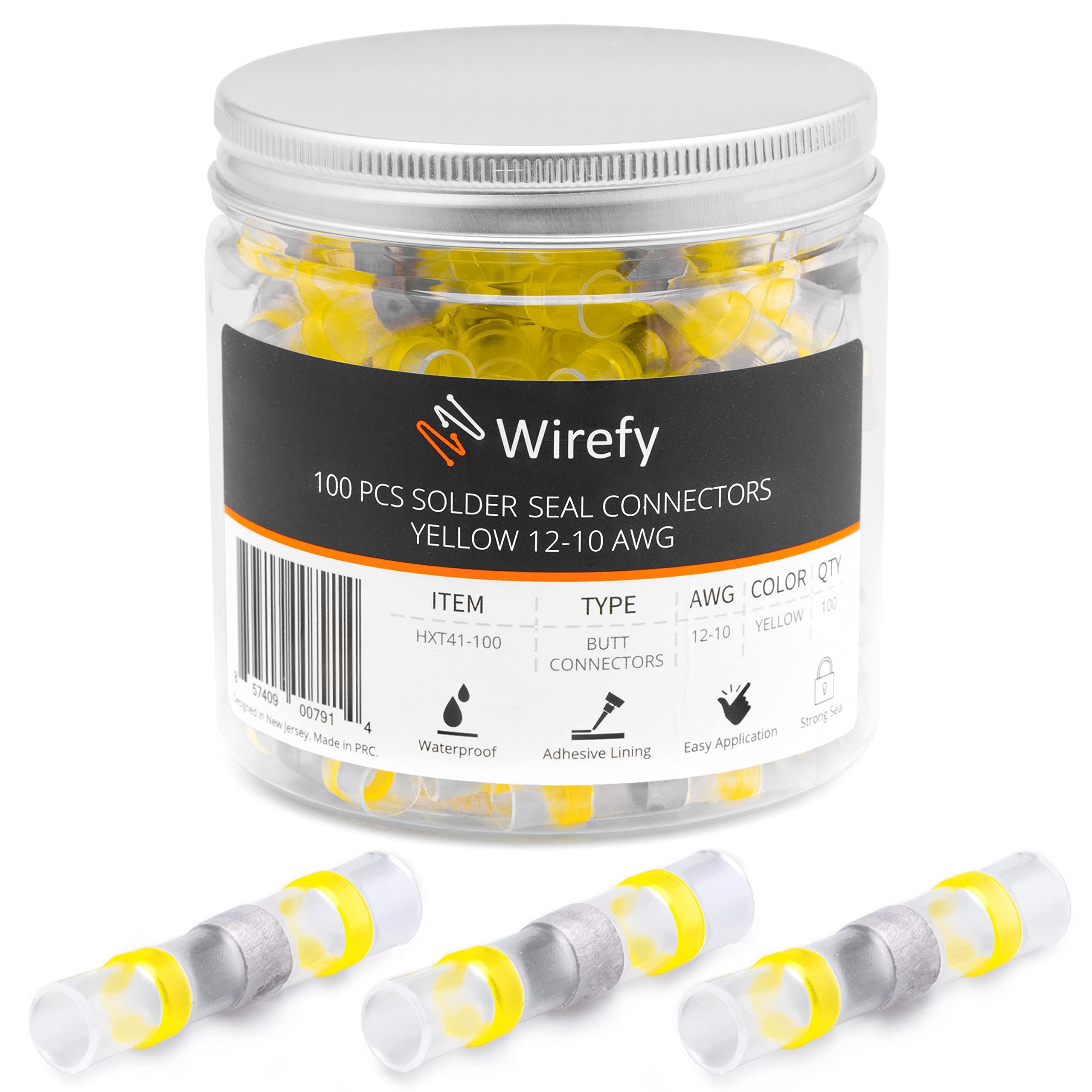 Wirefy 100 PCS Heat Shrink Solder Seal Wire Connectors - Waterproof Self-Soldering Butt Connectors for 12-10 AWG Wires (Yellow) - Ideal for Automotive, Marine & Electrical Repairs