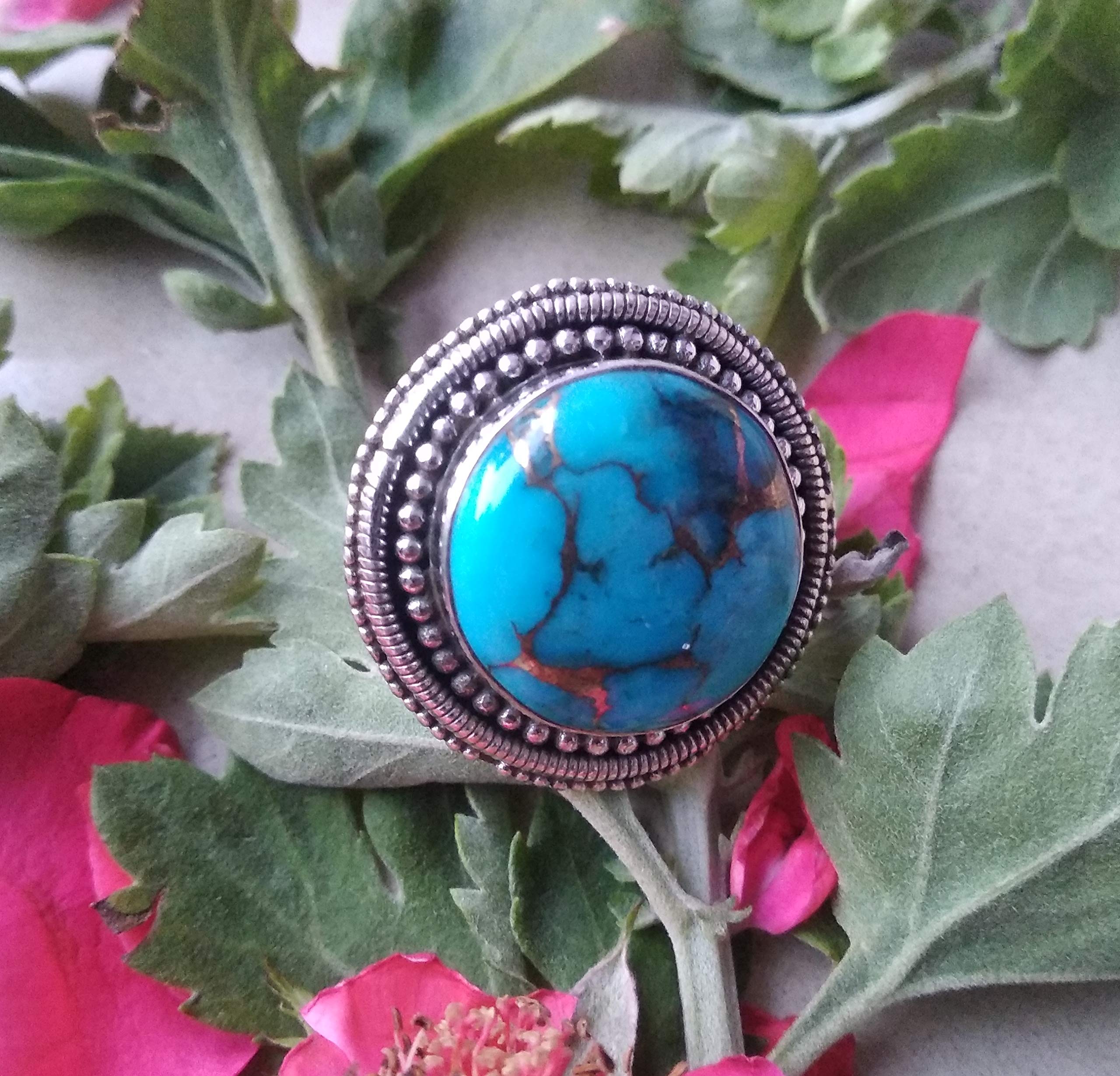 925 Sterling Silver Blue Copper Turquoise Ring for Women - Boho Round Statement Jewelry, Genuine Gift for Her, Promise Ring, Mermaid Gift, Nickle Free Midi Ring | Perfect for Weddings, Parties & Everyday Boho Fashion