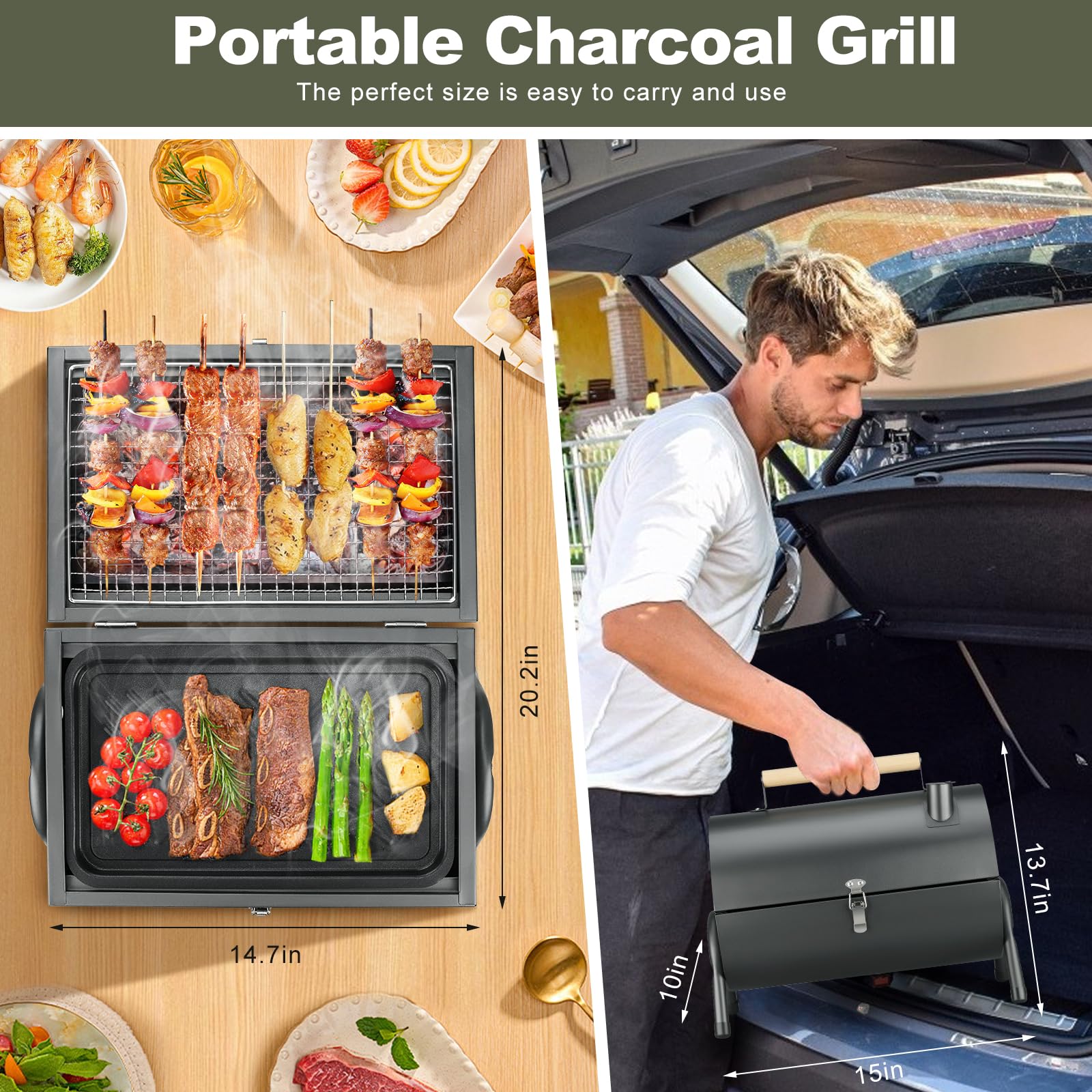 Portable Charcoal Grill - Compact 2-Side Carbon Mini Smoker BBQ for Outdoor Cooking, Camping, Picnics & Backyard | Perfect for Grilling Burgers, Steaks, Vegetables & Seafood | Ideal for Beach, Tailgating, RV Trips, Patio & Family Gatherings (Black) | Great for Small Spaces, Apartment Balconies & Quick Outdoor Meals | Best for Camping Trips, Backyard BBQs, Beach Parties & RV Adventures