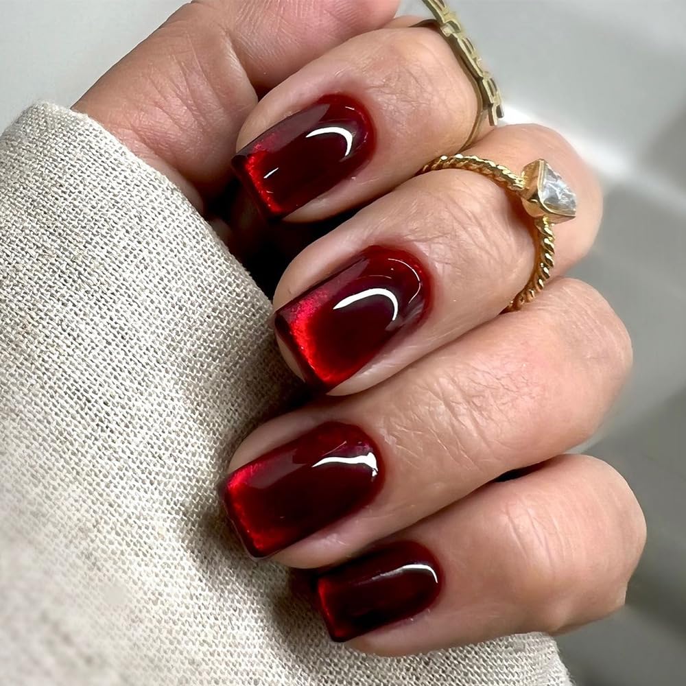 24PCS Red Square Fake Nails - Red Cat Eye Press On Nails with Glossy Gradient | Reusable Acrylic Nail Kit in 12 Sizes | Natural Stick On Nails (Wine Red Cat Eye) for Parties, Weddings & Special Occasions