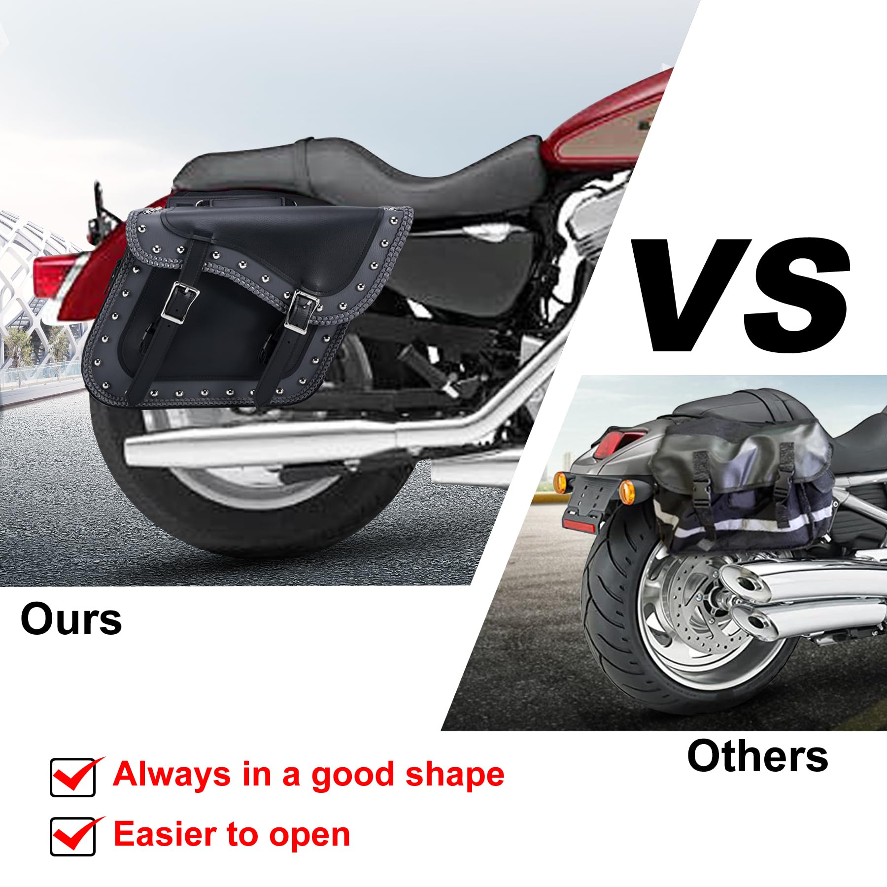 Dream Apparel Faux Leather Motorcycle Saddle Bags - Studded Throw Over Side Bags for Honda Shadow, Sportster, Softail & Dyna - Waterproof PVC Motorcycle Luggage (Black/Grey) - Perfect for Cruiser Rides & Long-Distance Touring