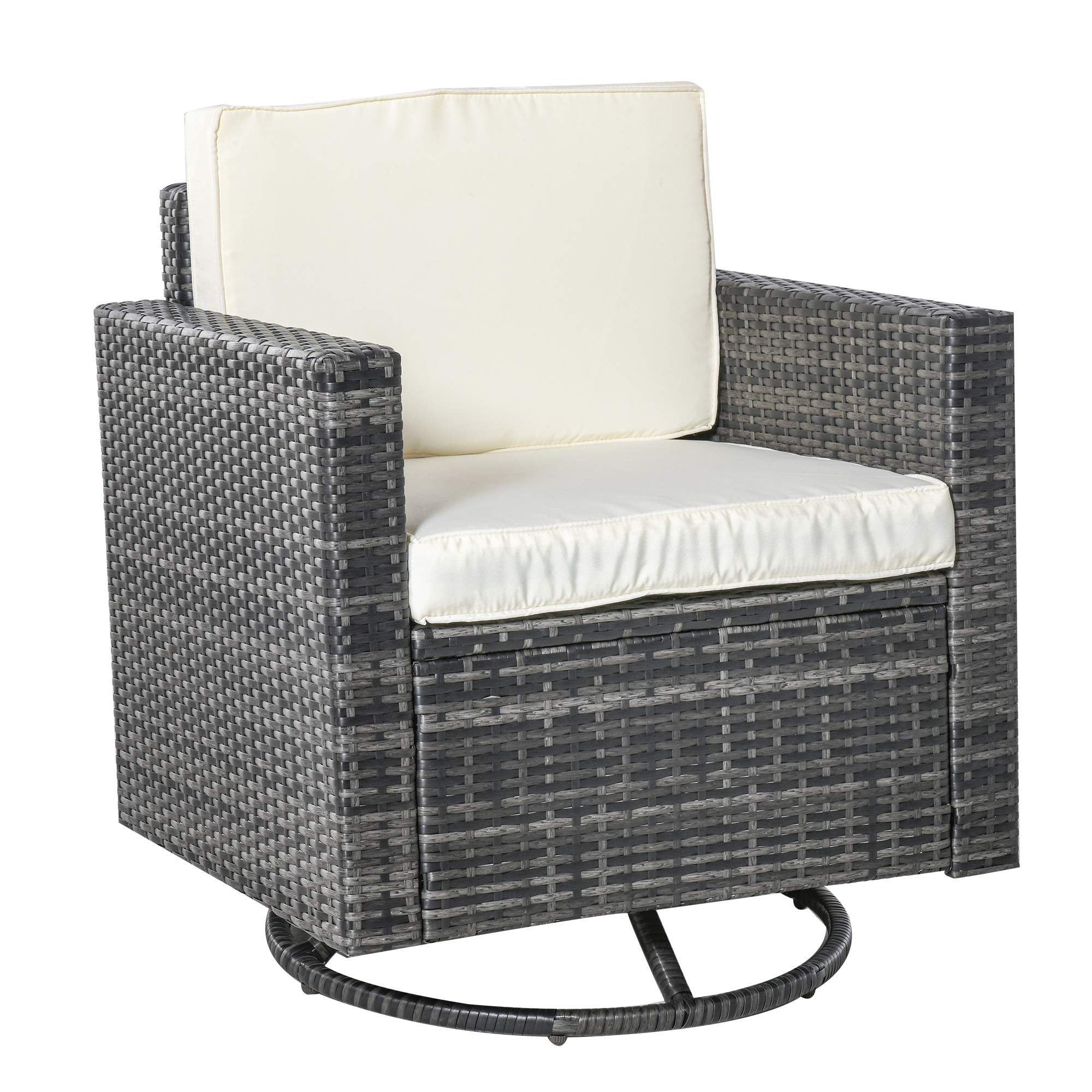 Outsunny Cream White Rattan Wicker Swivel Rocking Chair with Armrest & Thick Cushions - Sturdy Steel Frame Patio Club Chair for Outdoor Relaxation in Garden, Yard, Lawn, or Balcony - Perfect for Lounging, Sunbathing & Entertaining Guests