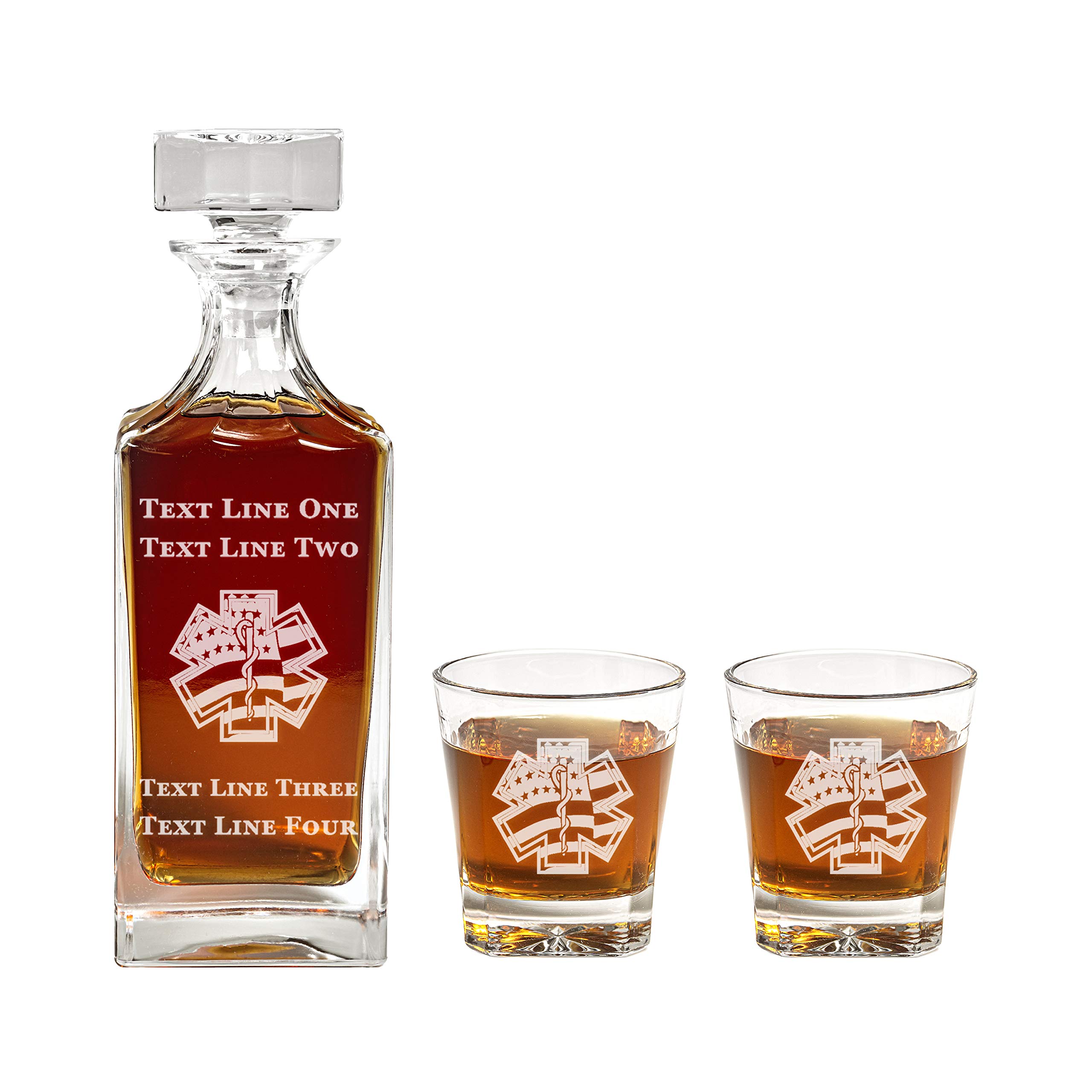 EMS Star of Life & American Flag Decanter Set - 900ml Engraved Glass Decanter with EMS Flag Design - Perfect Retirement Gift, Promotion Present, Unique Gift for Men & Women - Ideal for EMS Appreciation, Office Decor, or Whiskey Lovers