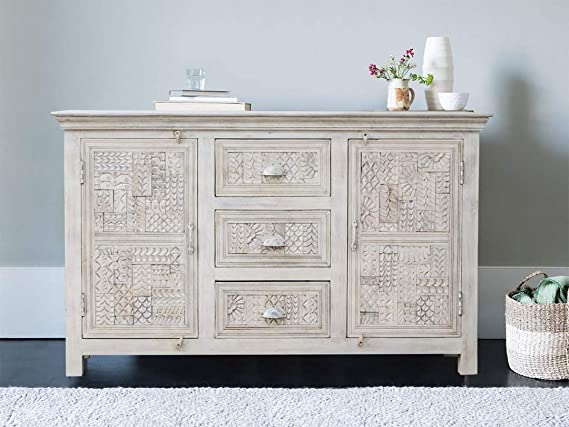 Hand Carved Two Door and Three Drawer Sideboard Buffet Table - Solid Wood Dining Room Storage Cabinet for Kitchen, Living Room & Entryway