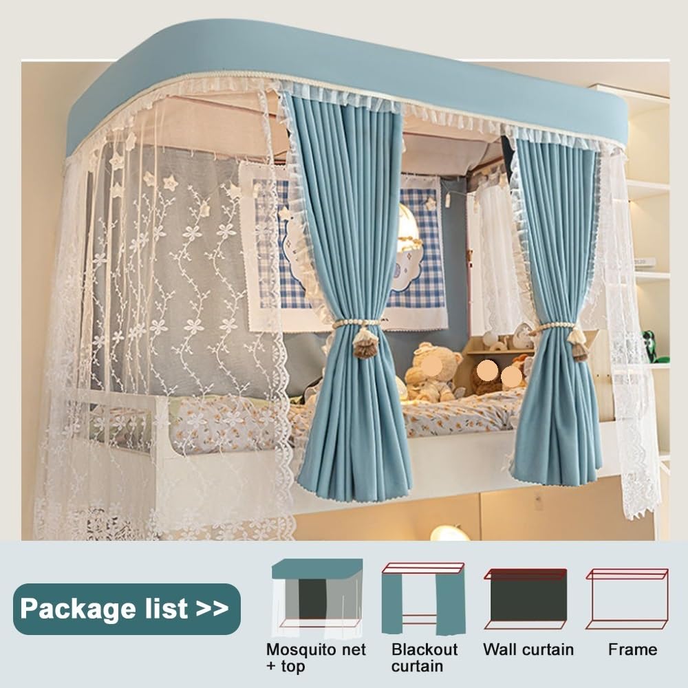 Bunk Bed Canopy Curtain Set with Frame - Top & Lower Bunk Bed Tent with Mosquito Net - Beige Loft Bed Curtains for Kids & Teens - Perfect for Dorm Rooms, Bedrooms & Sleepovers