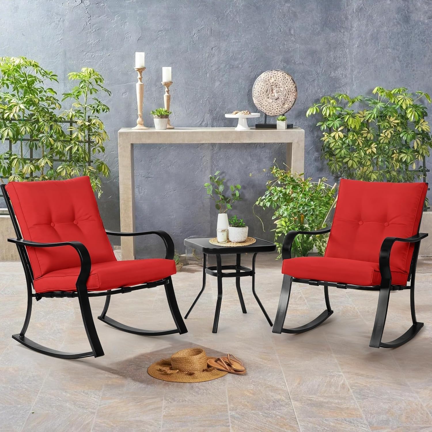 SUNCROWN 3-Piece Outdoor Rocking Chair Patio Set - Black Steel Bistro Furniture with Thickened Cushions & Glass-Top Coffee Table (Red) - Perfect for Garden, Porch, Backyard Relaxation and Outdoor Entertaining