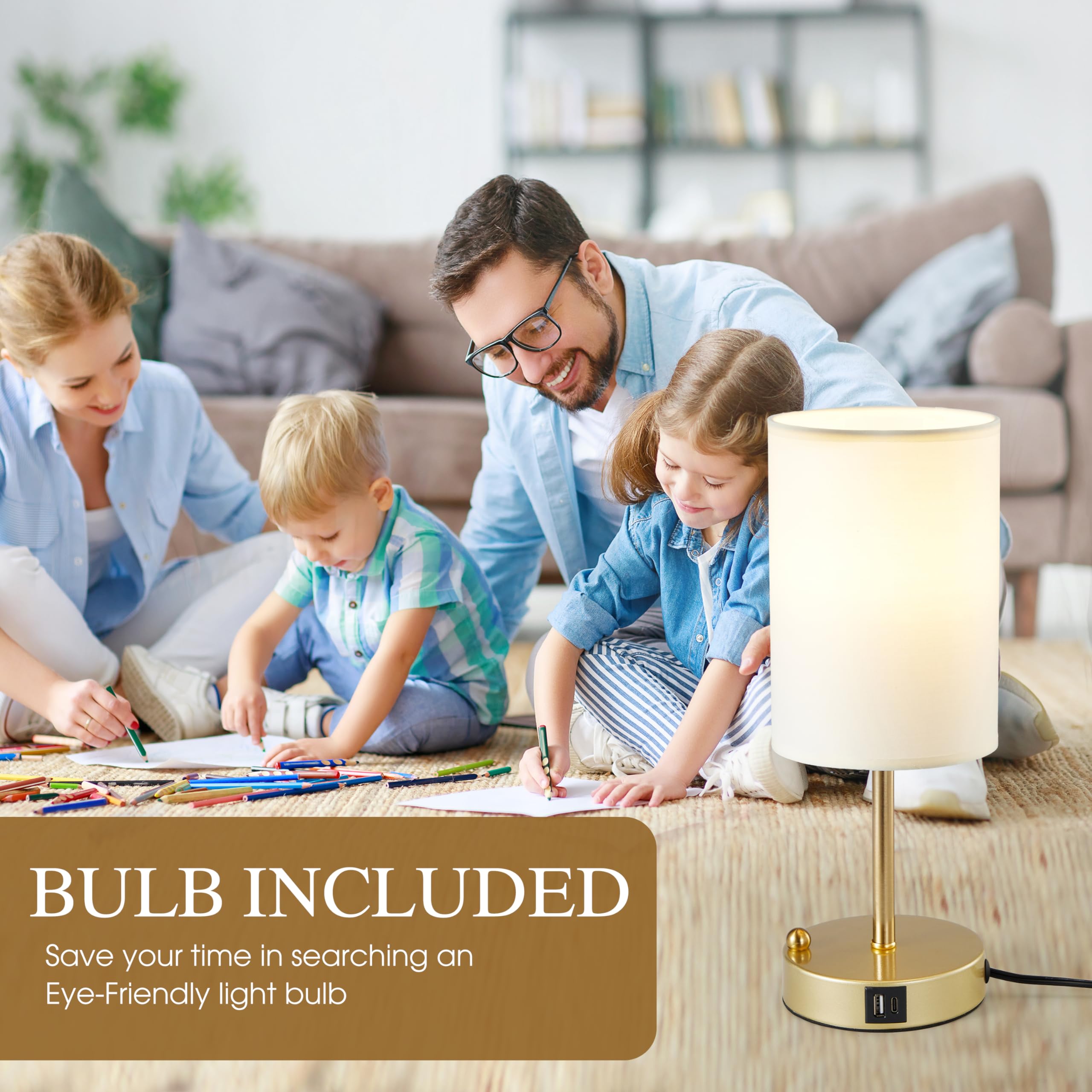 Briever Touch Control Table Lamp - 3-Way Dimmable Bedside Lamp with USB Charging Ports, Gold Phone Stand & Round Linen Shade (Bulb Included) | Perfect for Bedroom Nightstand, Home Office Desk & Reading Nook Lighting