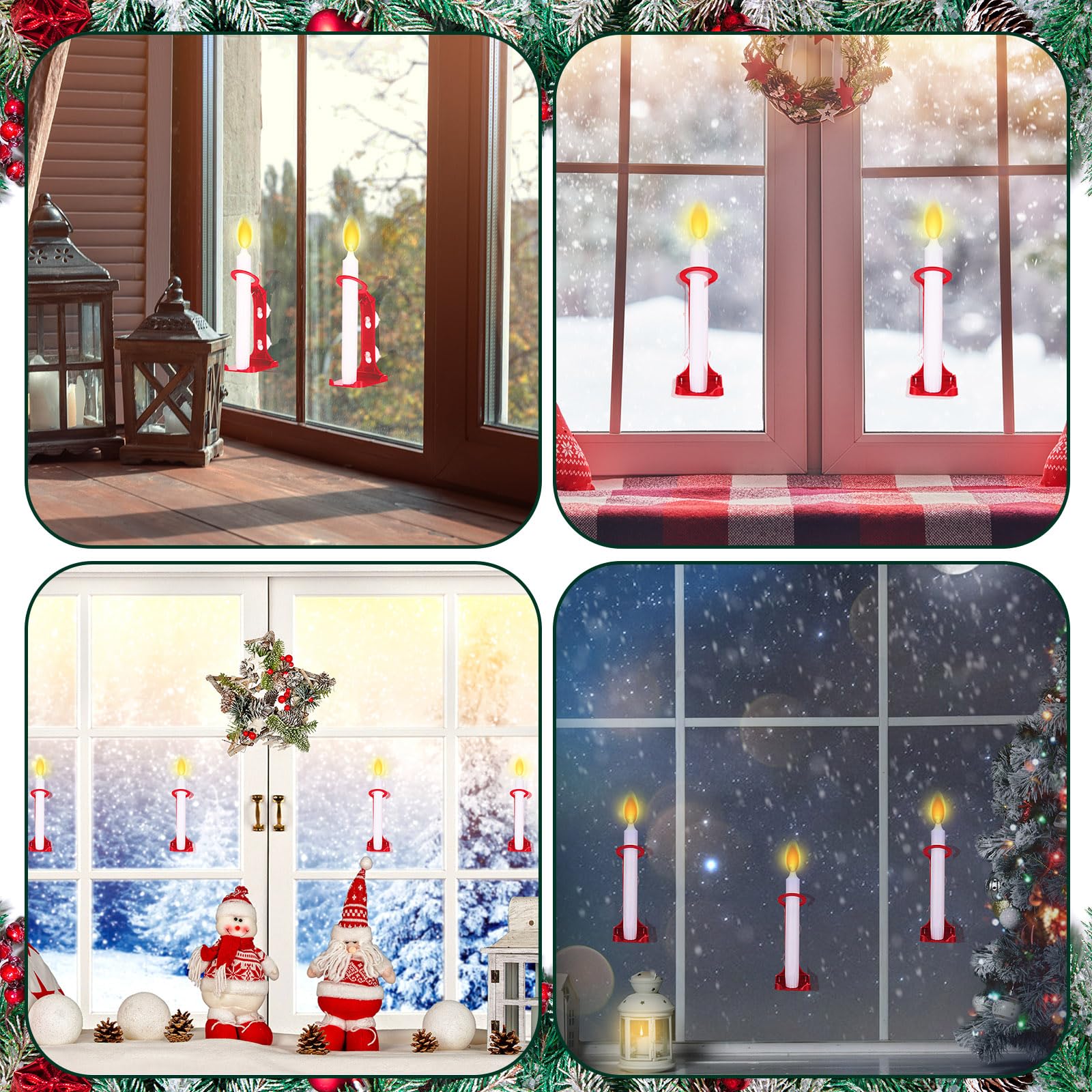 12 Pcs Red Christmas Electric Window Candle Lamp Holders with Strong Suction Cups - Flameless LED Candles for Holiday Decor, Indoor & Outdoor Window Displays, Home & Office Christmas Decorations