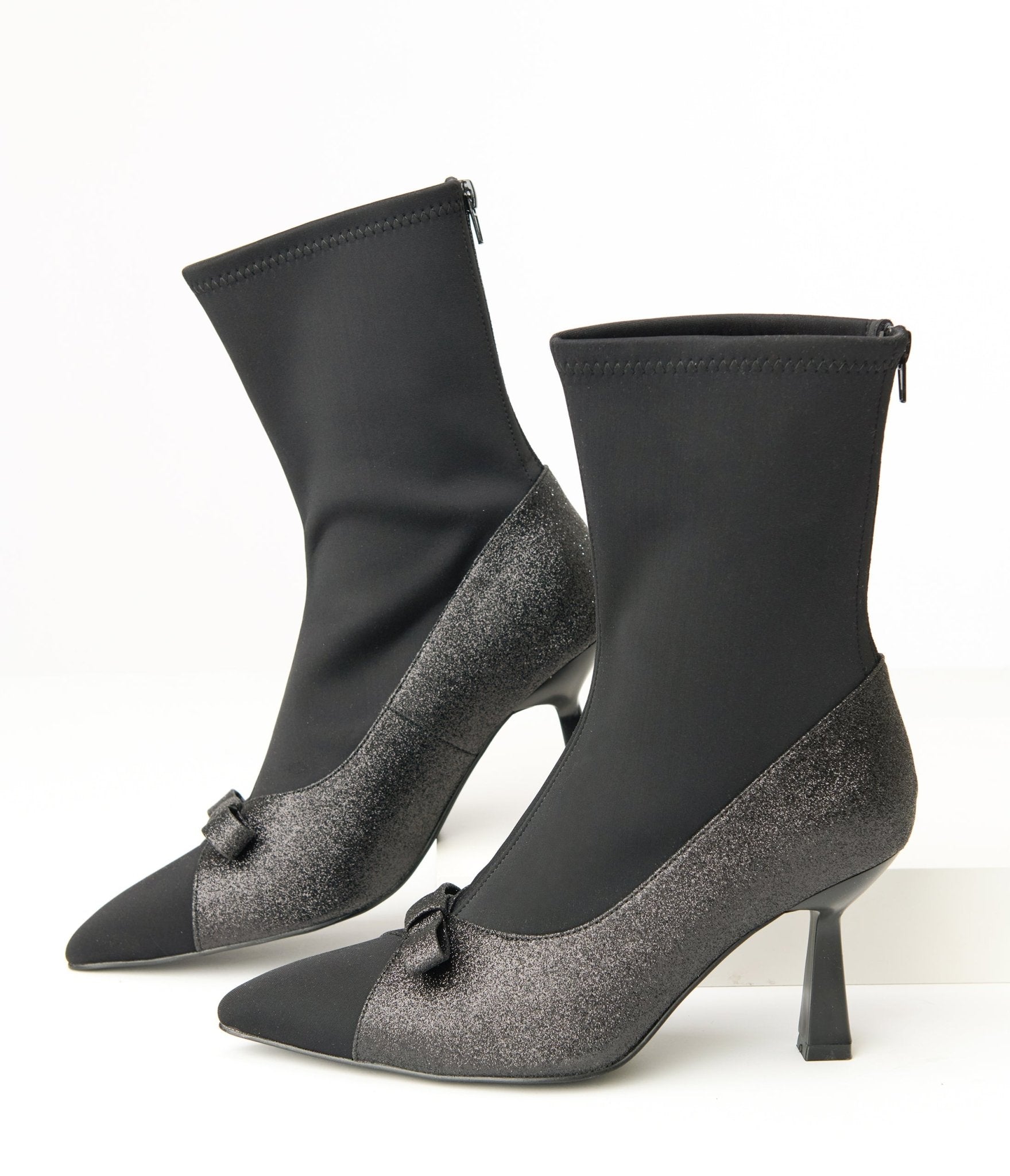 Vintage 1950s Black Glitter Bow Boots - Retro Party Shoes for Women, Holiday Outfits & Special Occasions