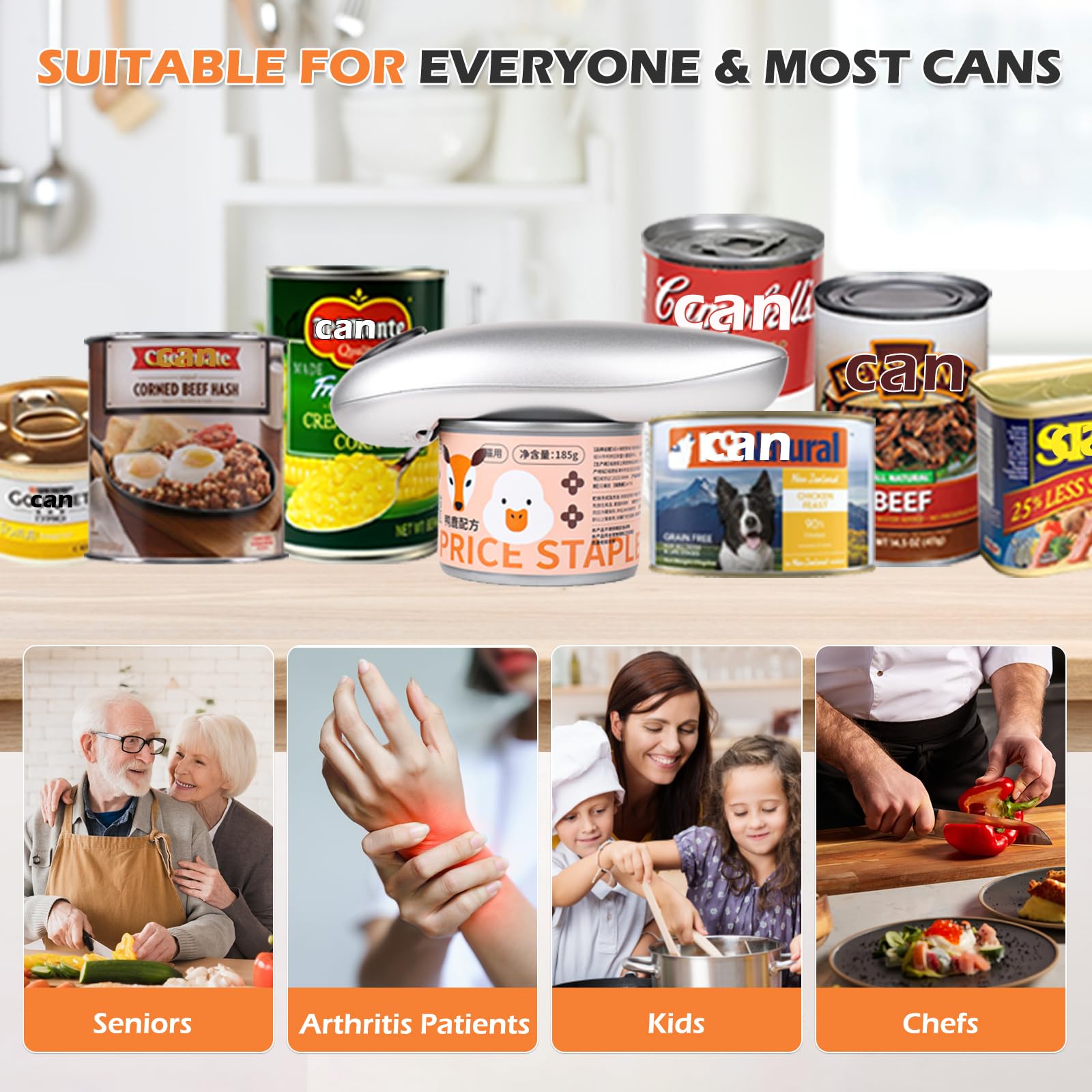 One Touch Electric Can Opener - Automatic Smooth Edge Can Opener for Kitchen, Seniors & Easy Opening (Black) | Effortless Can Opening for Soups, Vegetables & Pet Food