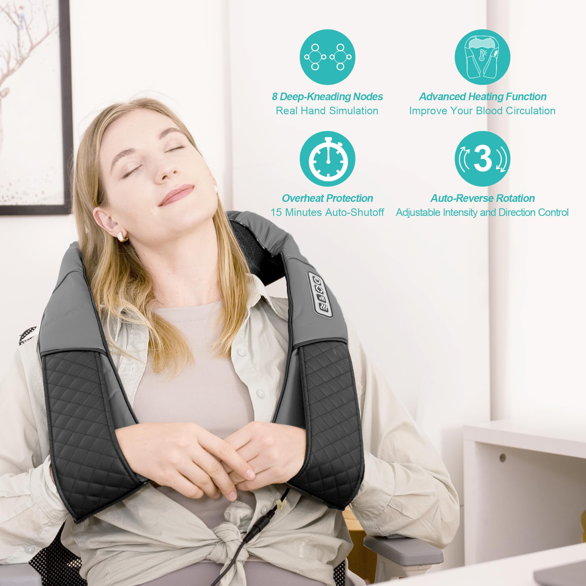 Medcursor Electric Neck & Back Massager with Heat - Portable Shiatsu Deep Tissue 3D Kneading Pillow for Muscle Pain Relief (Battery-Free) - Perfect for Home, Office & Travel Use