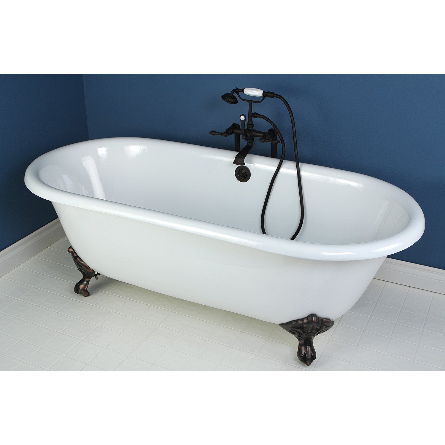 66 Inch White & Oil Rubbed Bronze Cast Iron Clawfoot Bathtub - Aqua Eden VCTND663013NB5 Oval Double Ended Freestanding Tub (No Faucet Holes) | Perfect for Vintage Bathroom Decor, Spa Retreats & Luxury Home Renovations