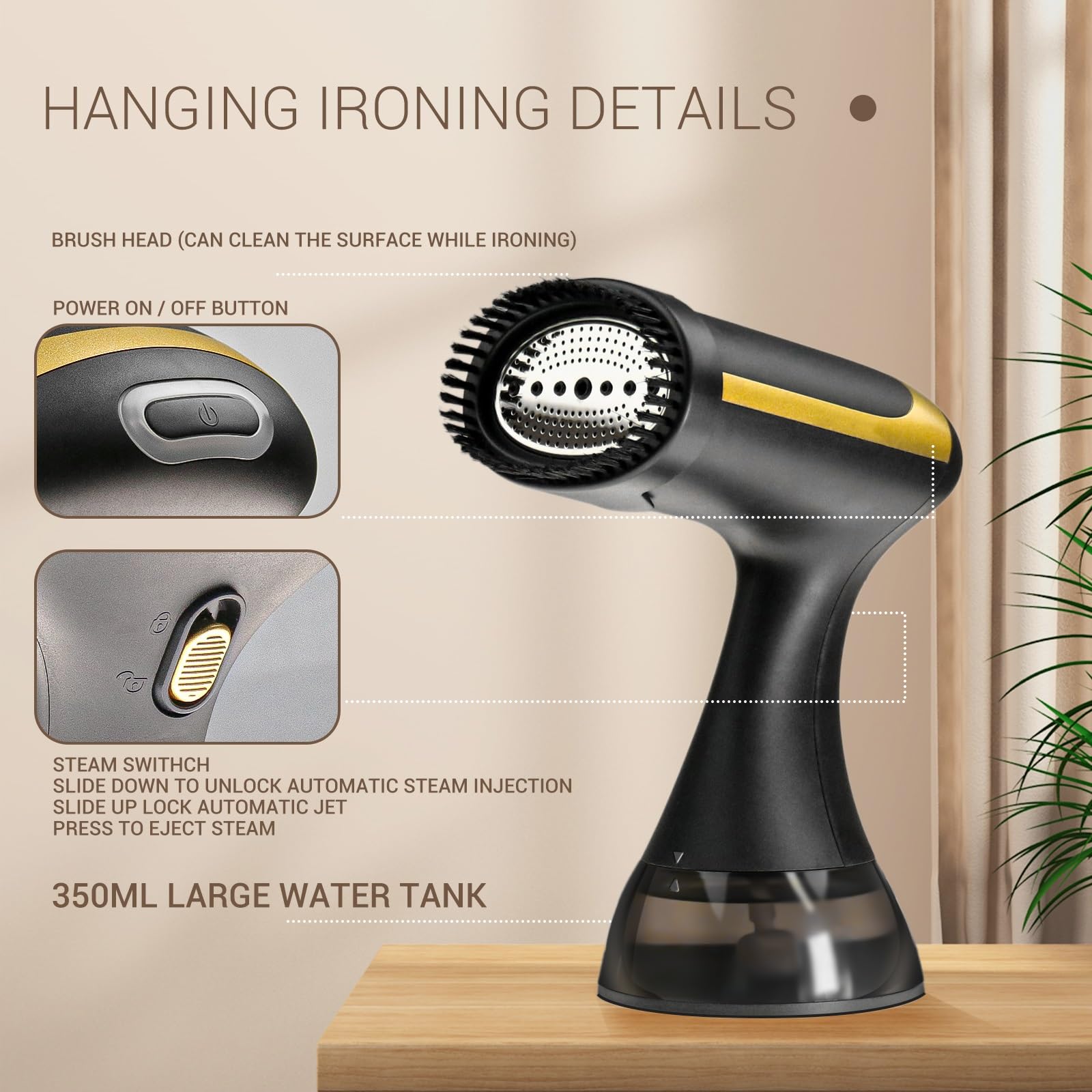 AN-2 Portable Black Garment Steamer - 1500W Fast Heating, 300ml Water Tank, 30-Second Ready, Auto Shut-Off for Travel & Home Use - Perfect for Clothes, Curtains, and Upholstery