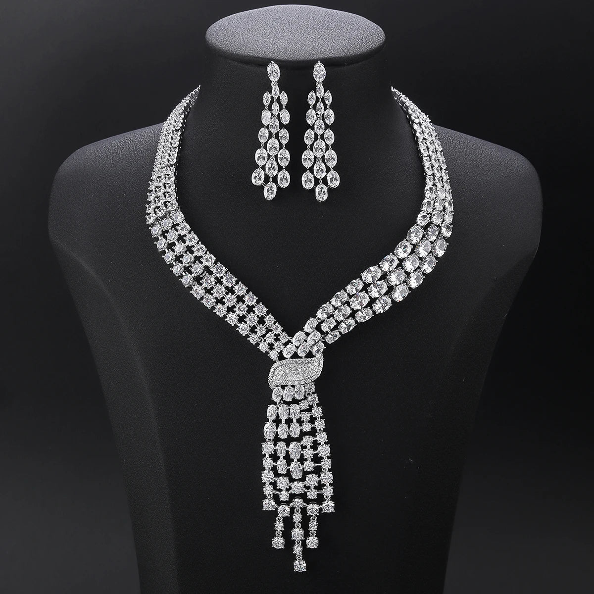 Luxury Tassel Necklace & Earrings Set for Women - Cubic Zirconia Princess Jewelry - Wedding, Party & Evening Accessories - Perfect for Bridal, Prom & Special Occasions