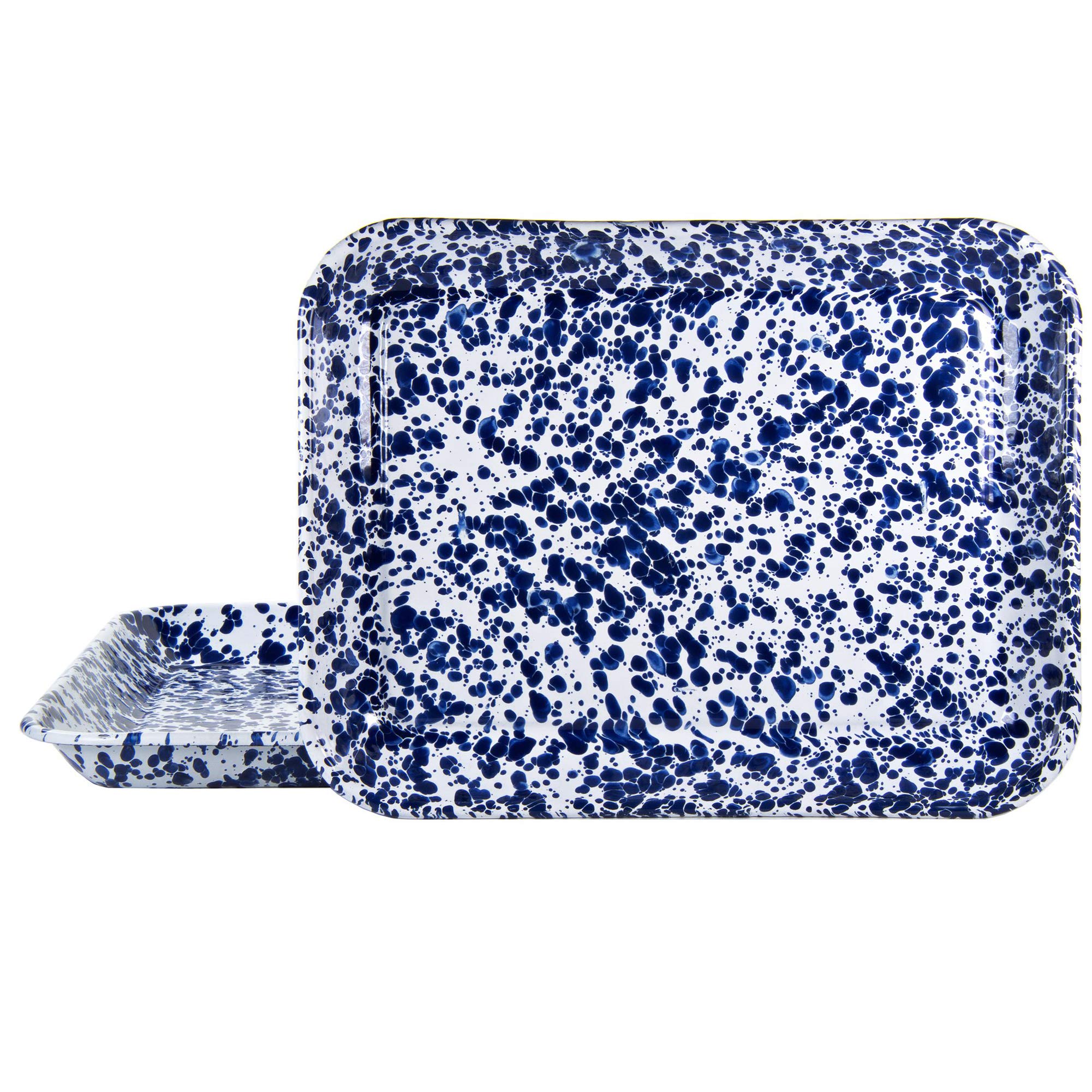 Golden Rabbit Enamelware - Cobalt Swirl Pattern Baking Tray Set of 2 - Quarter Sheet Pans for Oven, Roasting & Serving - Perfect for Cookies, Pizza & Party Food Displays