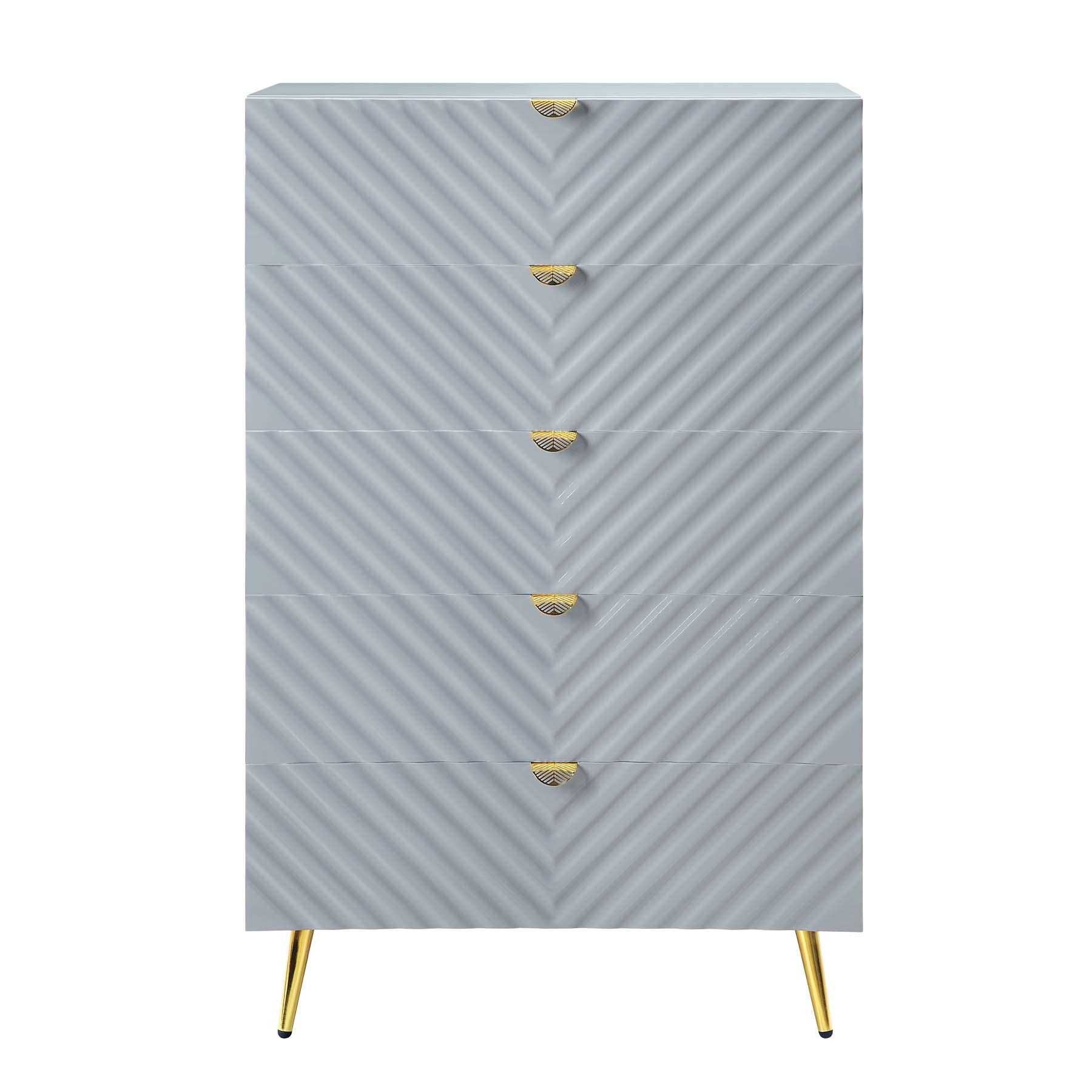 Acme 5-Drawer High Gloss Gray Chest - Modern Storage Furniture for Bedroom, Living Room & Office Organization