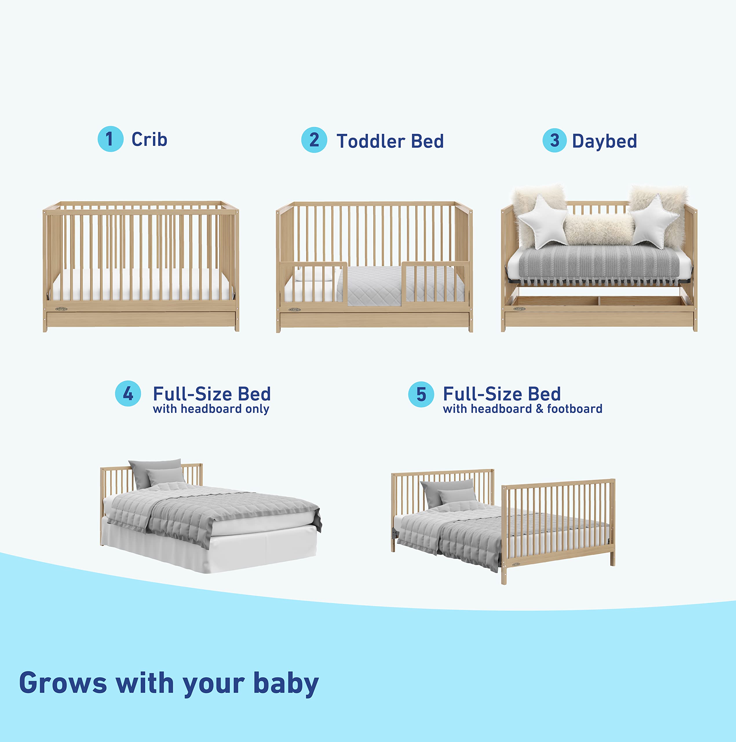 Graco Teddi 5-in-1 Convertible Crib with Storage Drawer in Driftwood – GREENGUARD Gold Certified Baby Crib | Converts to Toddler Bed, Daybed & Full Bed | Nursery Furniture with Built-in Storage | Perfect for Newborns, Infants & Growing Toddlers
