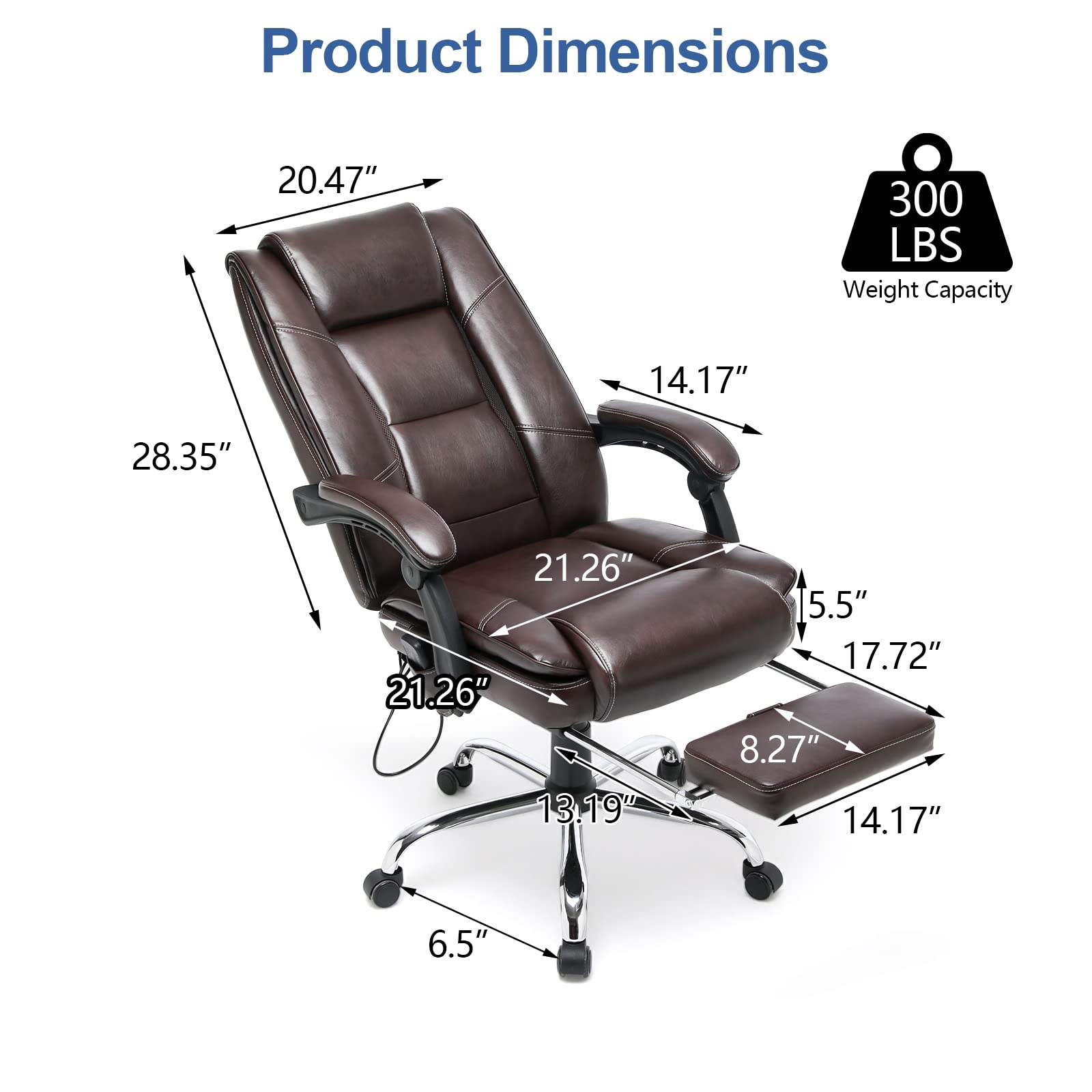 HOMREST 2-Point Massage Executive Office Chair with Footrest - Heated Reclining Ergonomic Desk Chair with Lumbar Support & Armrests - Brown Computer Chair for Home Office, Gaming & Workstation Use