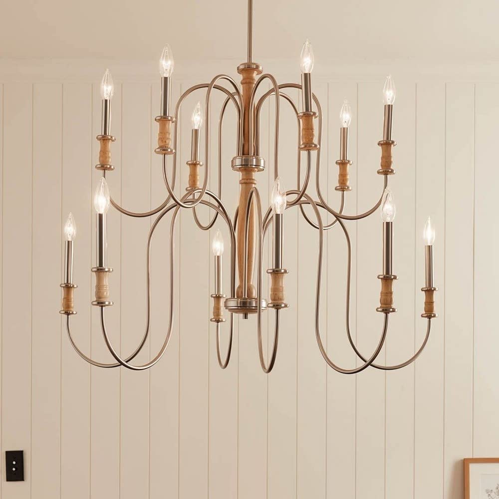 Kichler Karthe 42 Inch 12-Light Chandelier in Beech Wood & Brushed Nickel Finish - Elegant Dining Room Lighting for Modern Farmhouse & Traditional Home Decor