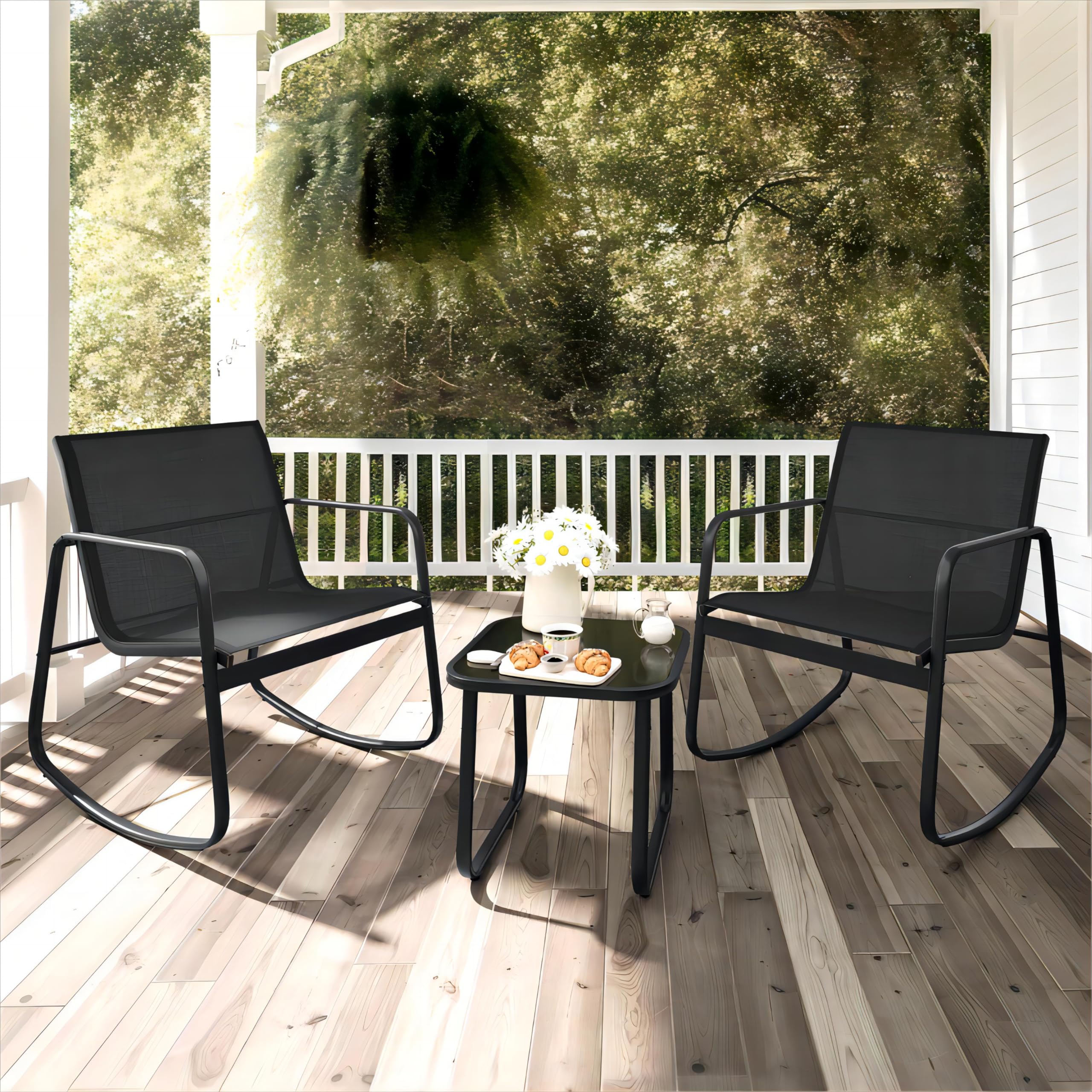 YITAHOME 3-Piece Outdoor Patio Furniture Set with Rocking Bistro Chairs & Tempered Glass Table - Textilene Fabric Conversation Set for Backyard, Garden, Balcony, Poolside (Black) | Perfect for Relaxing, Entertaining & Small Outdoor Spaces