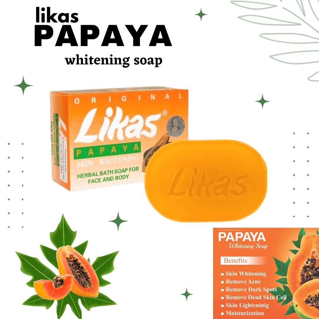 Likas Papaya Herbal Soap for Skin Whitening & Brightening - 100g Natural Exfoliating Soap for Face & Body - AMZ0001 (1 Piece) - Perfect for Daily Skincare Routine & Acne Treatment