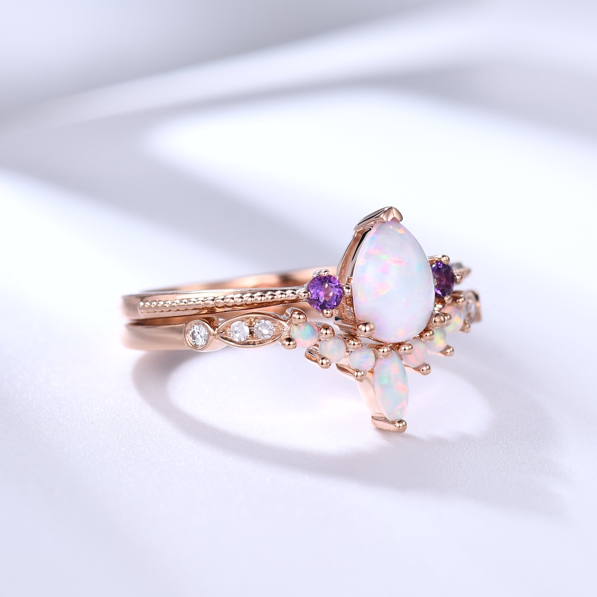 Exquisite Pear Opal Engagement Ring Set in Rose Gold with Amethyst Accents - Perfect for Wedding, Proposal & Anniversary Gifts