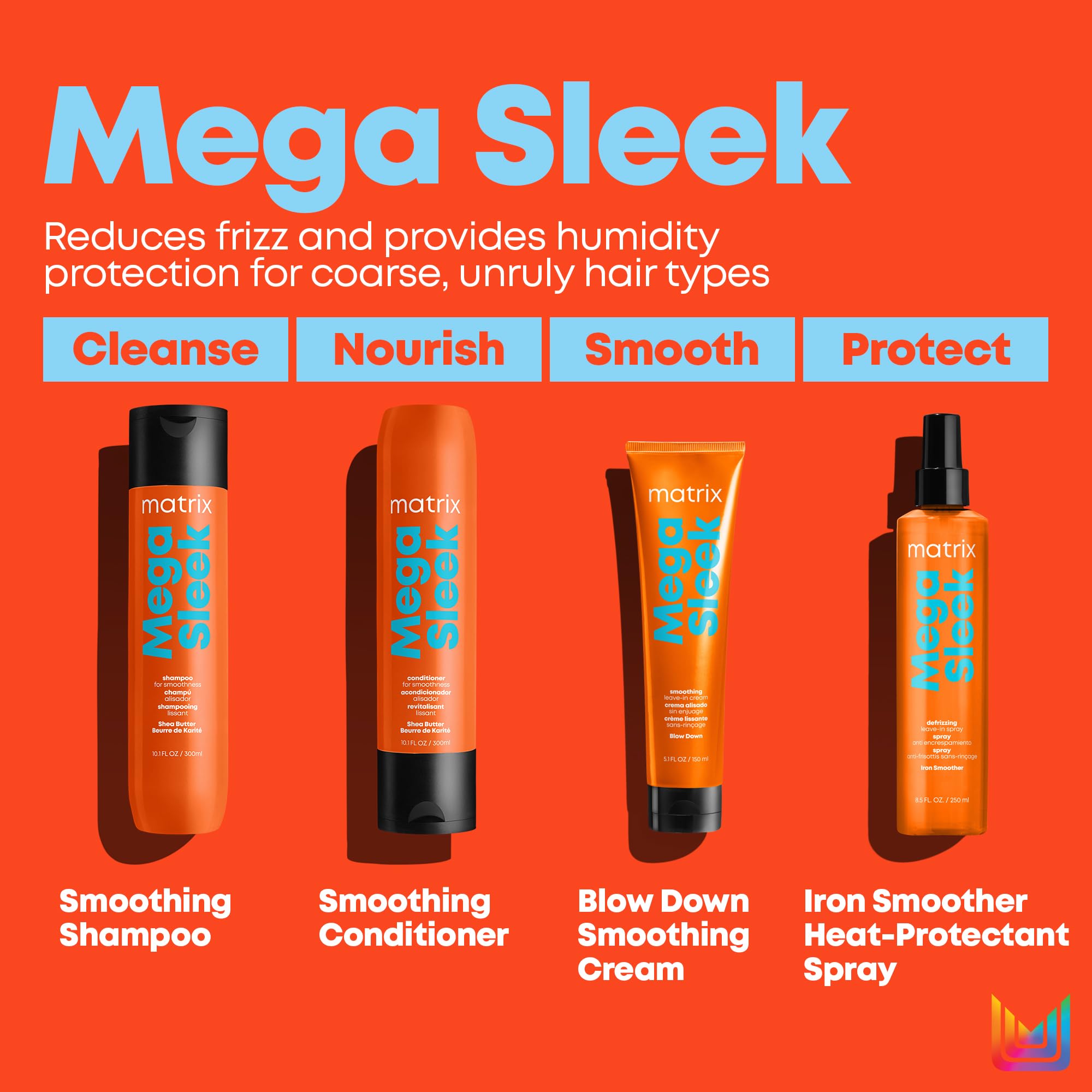 Matrix Mega Sleek Shampoo and Conditioner Set - Smoothing, Anti-Frizz, Detangling for Dry, Damaged & Frizzy Hair - Nourishes with Shea Butter, Vegan & Cruelty-Free - Perfect for Daily Hair Care, Salon-Quality Results at Home