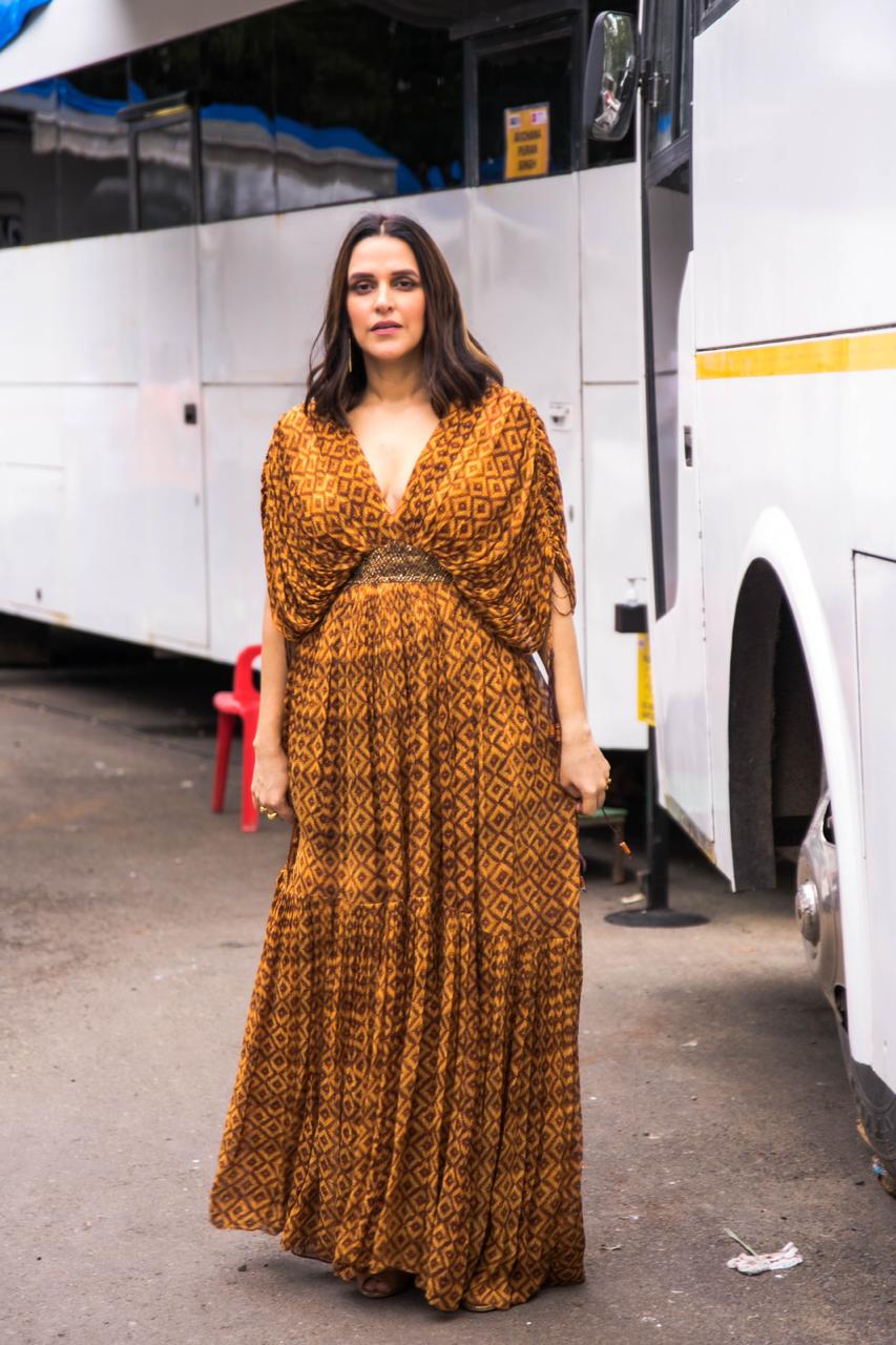 Neha Dhupia Women's Ethnic Basket Weave Print Dress with Gold Embroidered Belt - Perfect for Festivals, Weddings & Special Occasions