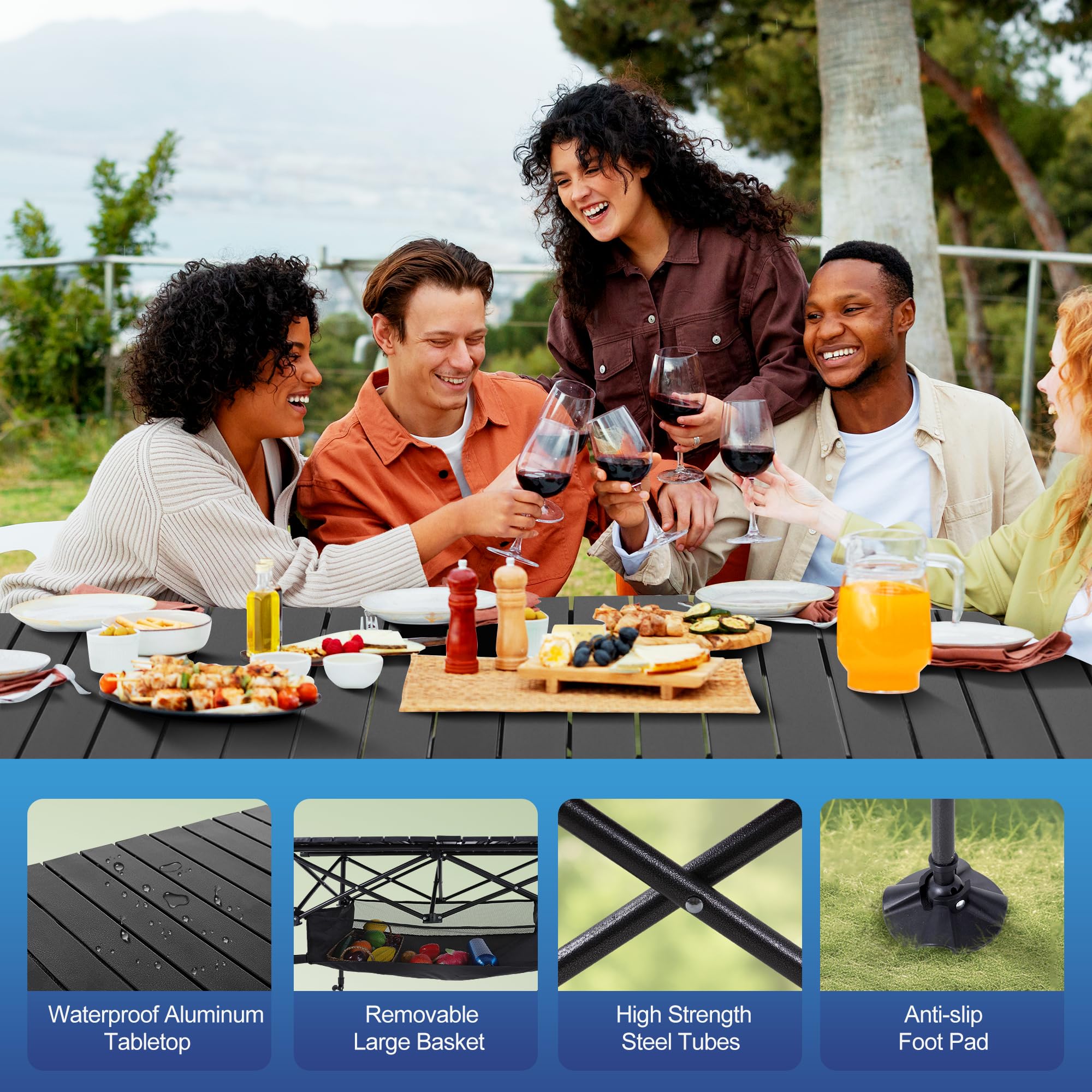 ALPHA CAMP Portable Camping Table with Storage - Adjustable Height Aluminum Outdoor Table for Grill, Picnic, Beach, BBQ & Backyard - Perfect for Travel, Hiking, Tailgating & Outdoor Adventures