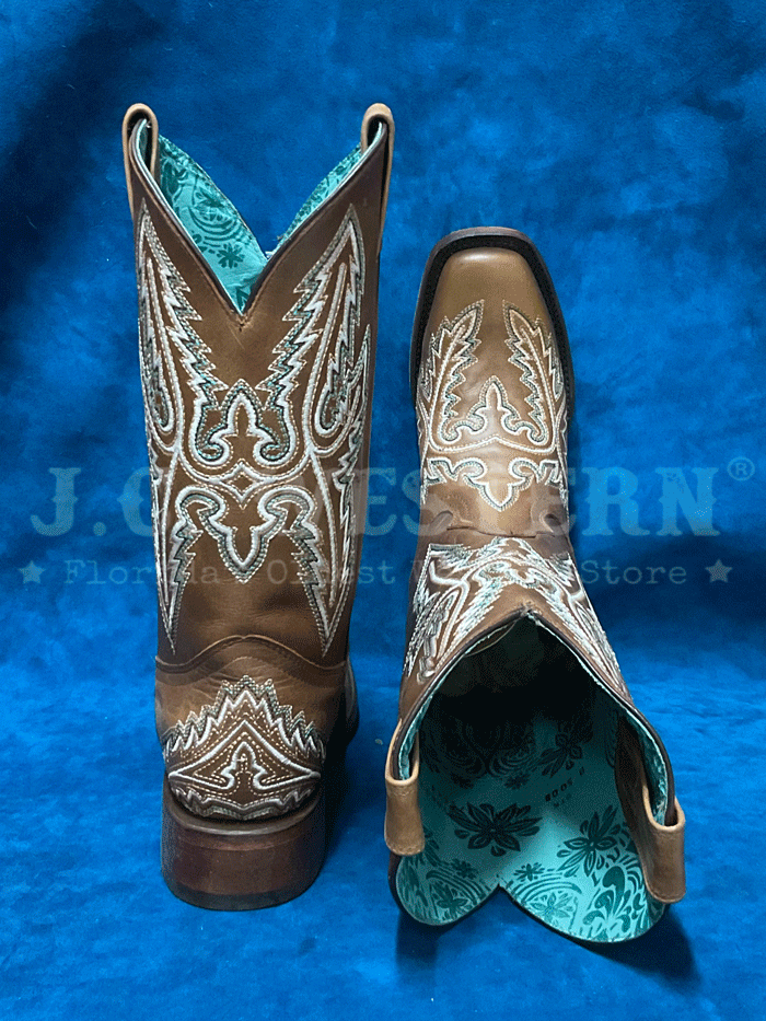 Corral B5008 Women's Floral Embroidery Western Boots - Square Toe Cowgirl Boots in Golden Tan for Rodeo, Country Dancing & Western Fashion