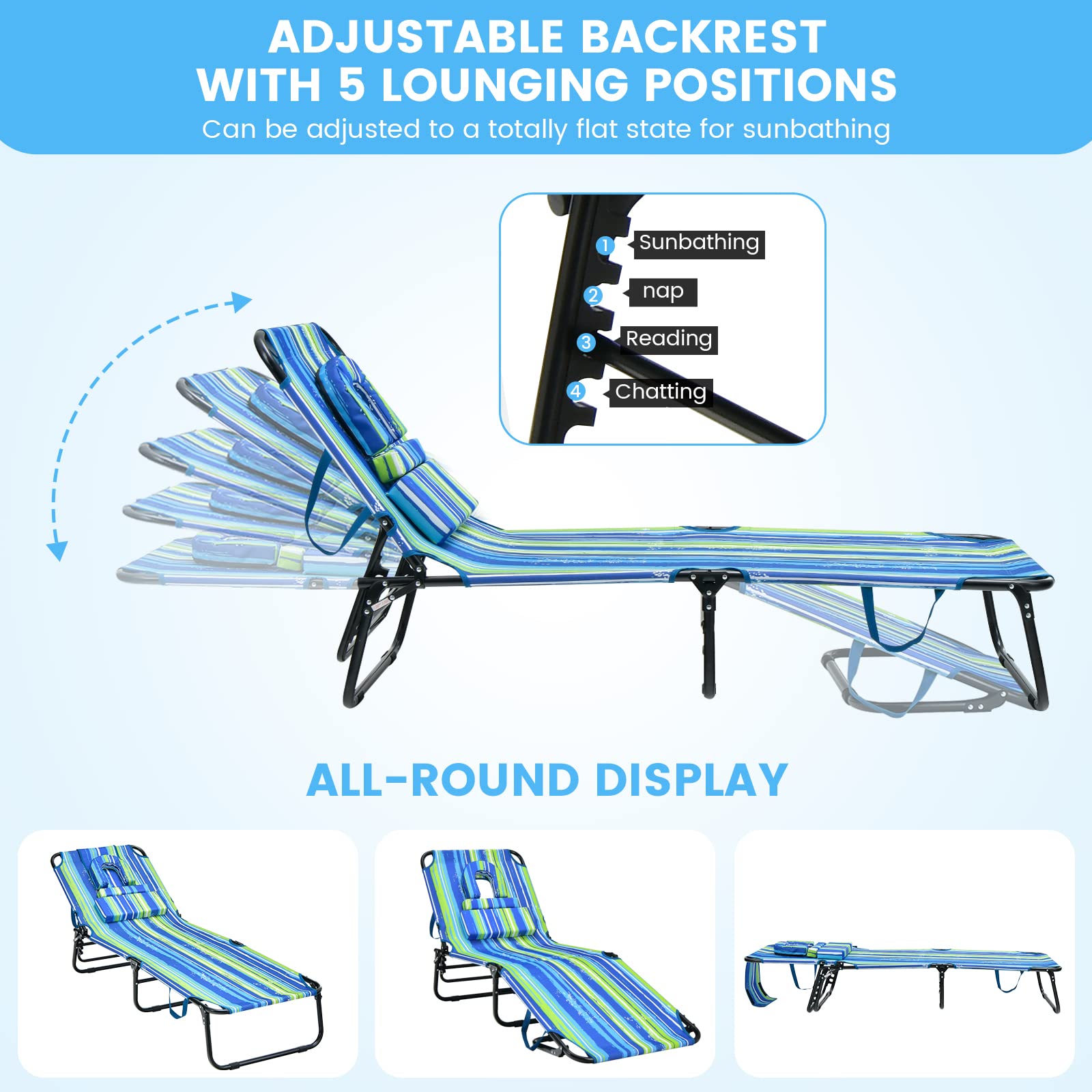 GYMAX 350lbs Heavy Duty Tanning Chair with Face Hole - Adjustable Folding Chaise Lounge for Beach, Pool, Patio - Includes Washable Pillow & Carry Strap - Perfect for Sunbathing, Relaxing Outdoors, Backyard Lounging (Stripe)