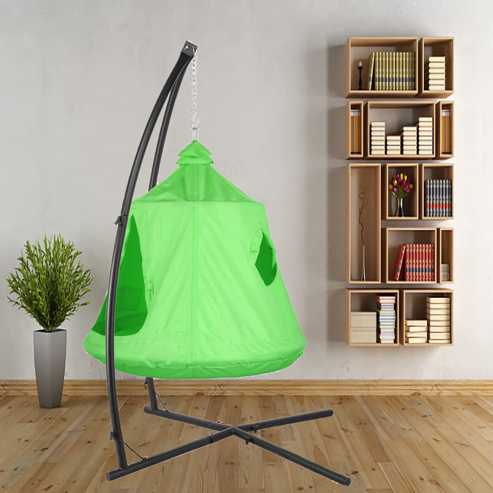 X-Shaped Hanging Tree Tent with Swing Chair - Heavy Duty 330lb Capacity Steel Frame Hammock Stand for Indoor & Outdoor Use - Perfect for Bedroom, Porch, Balcony, Garden, and Patio Relaxation (Green)