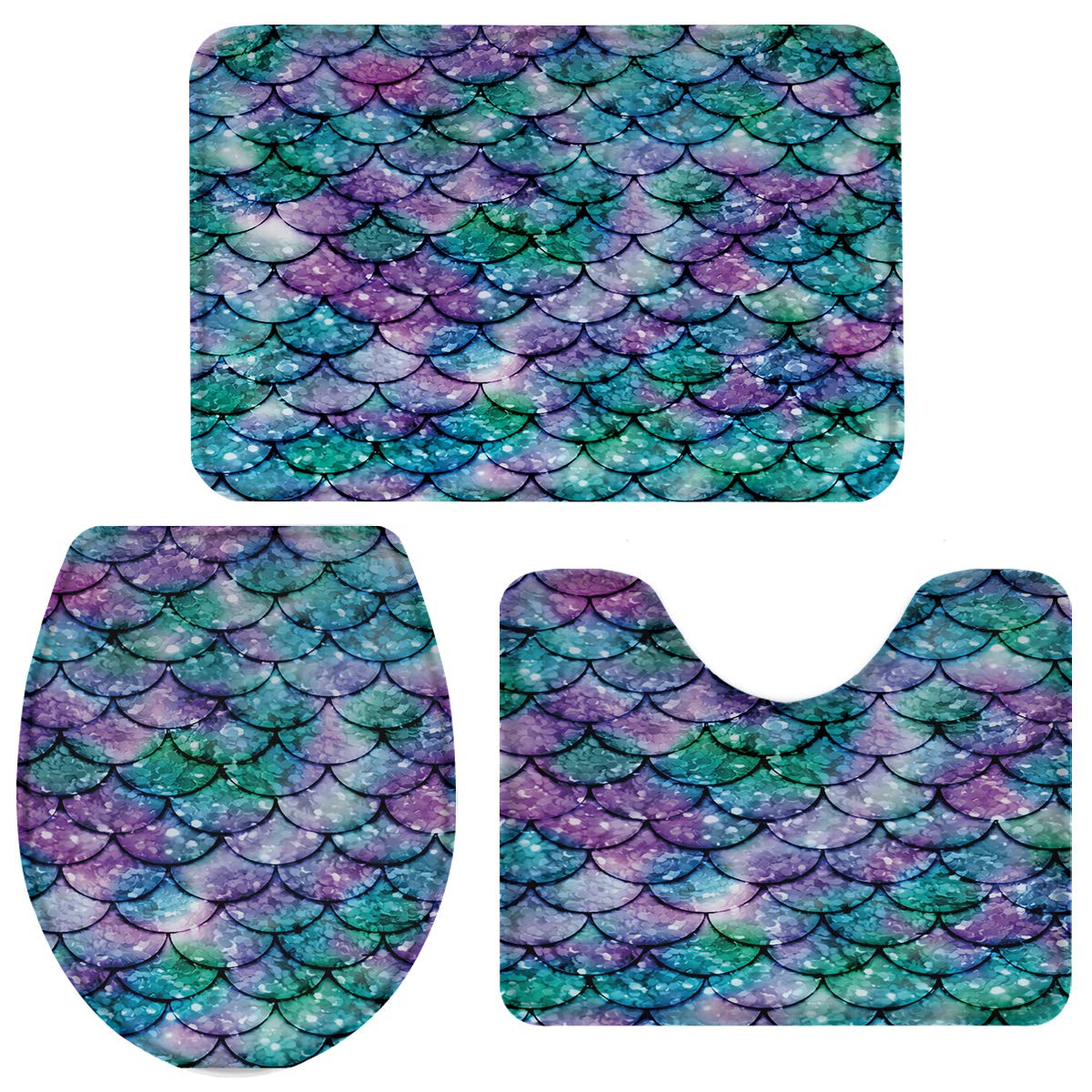 3 Piece Bath Rugs Set - Non Slip Mermaid Fish Scale Bathroom Carpet, Super Absorbent U-Shaped Toilet Mat with Lid Cover in Green & Purple | Soft & Durable for Bathroom, Shower, Vanity Area