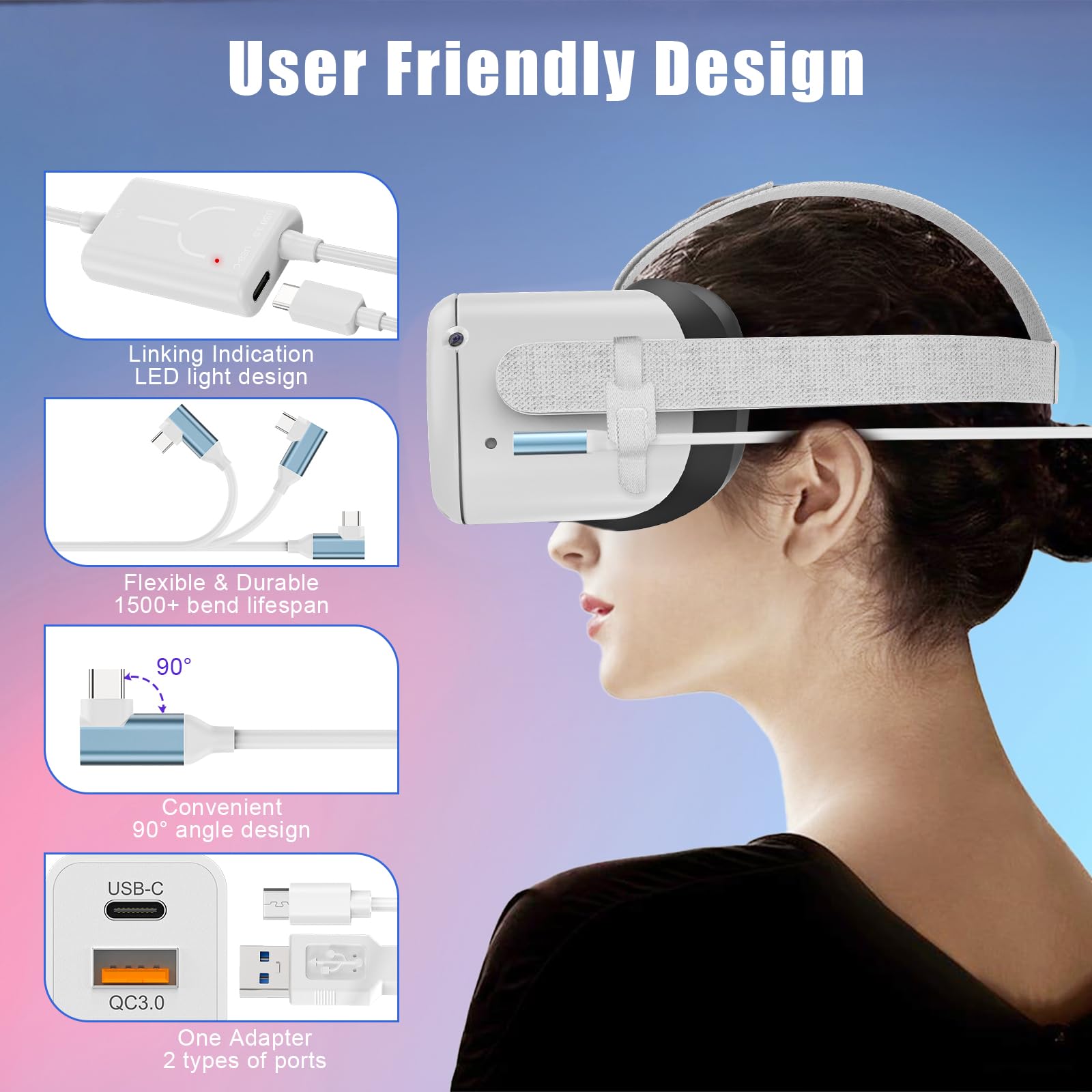 16FT Oculus Quest 2/1 Link Cable with Adapter - USB 3.0 to USB C High Speed Data Transfer & Charging Cord for VR Headset - Separate Charging Port - Perfect for PC Gaming & VR Setup